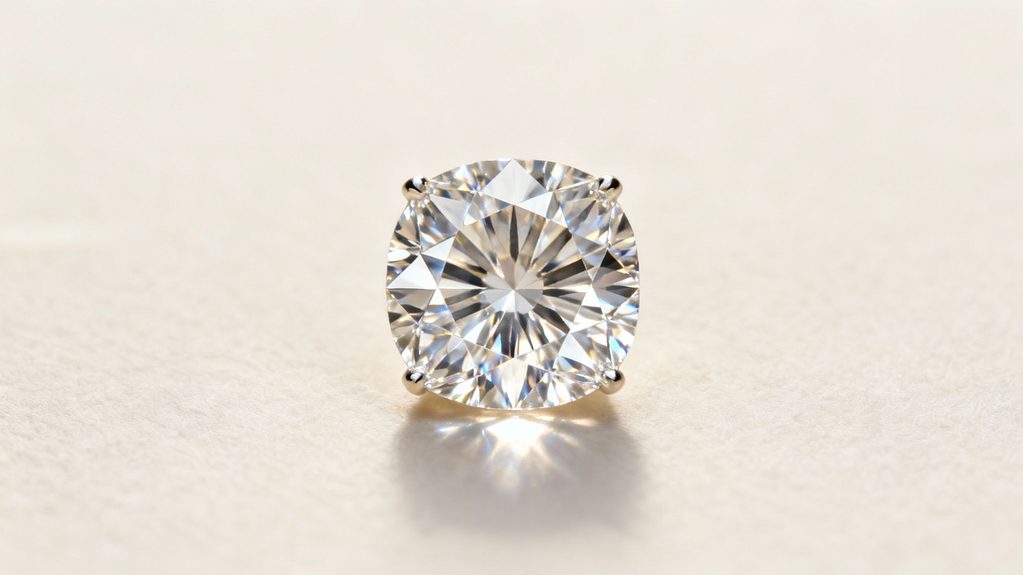 A brilliant radiant cut diamond in a four-prong setting, sparkling on a light surface.