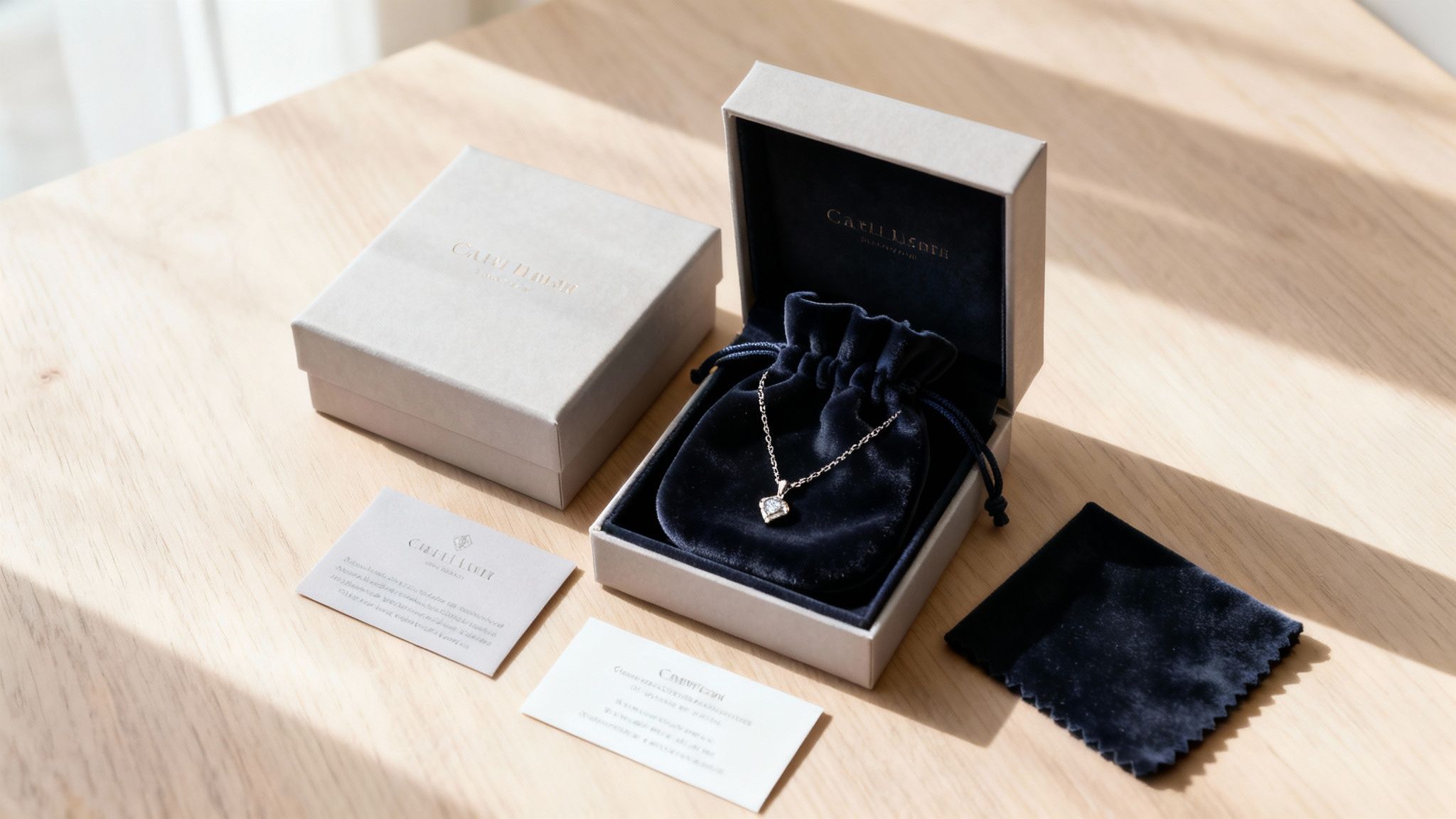 A beautiful silver necklace with a heart pendant in a blue velvet pouch inside an open gift box, next to other packaging.