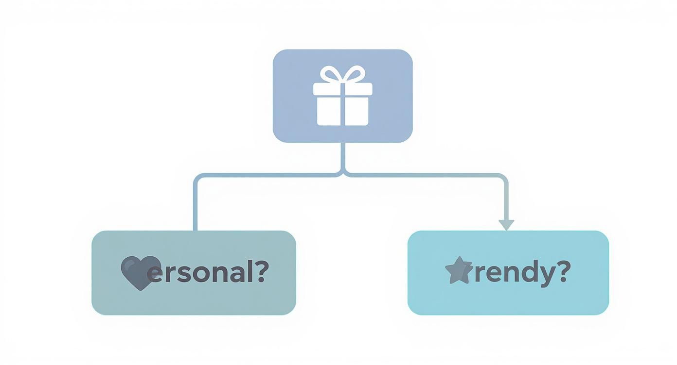 Gift box flowchart showing two options: personal with heart icon and trendy with star icon