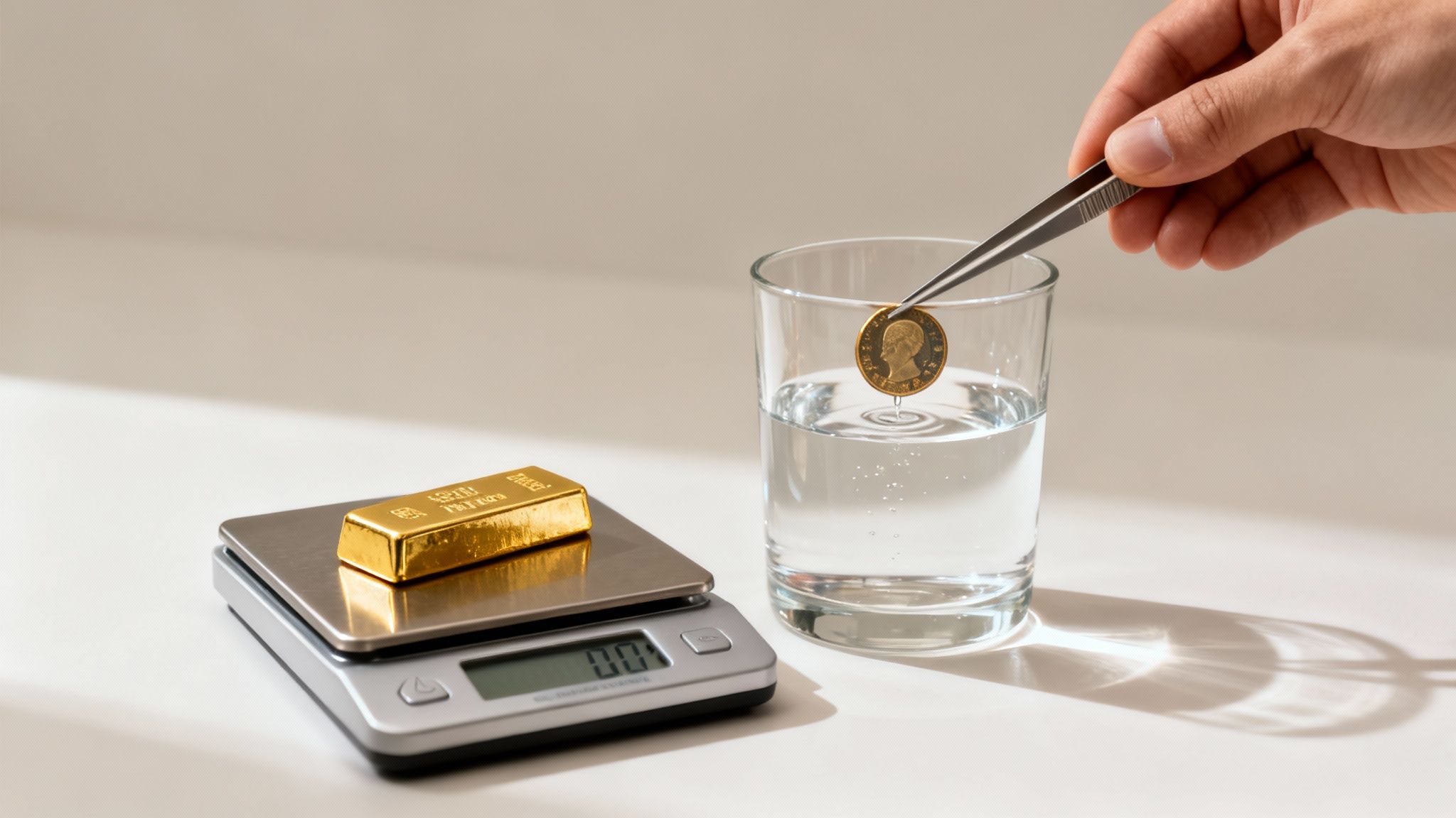 Gold bar on digital scale displaying 0.0, and a gold coin lowered into water with tweezers.