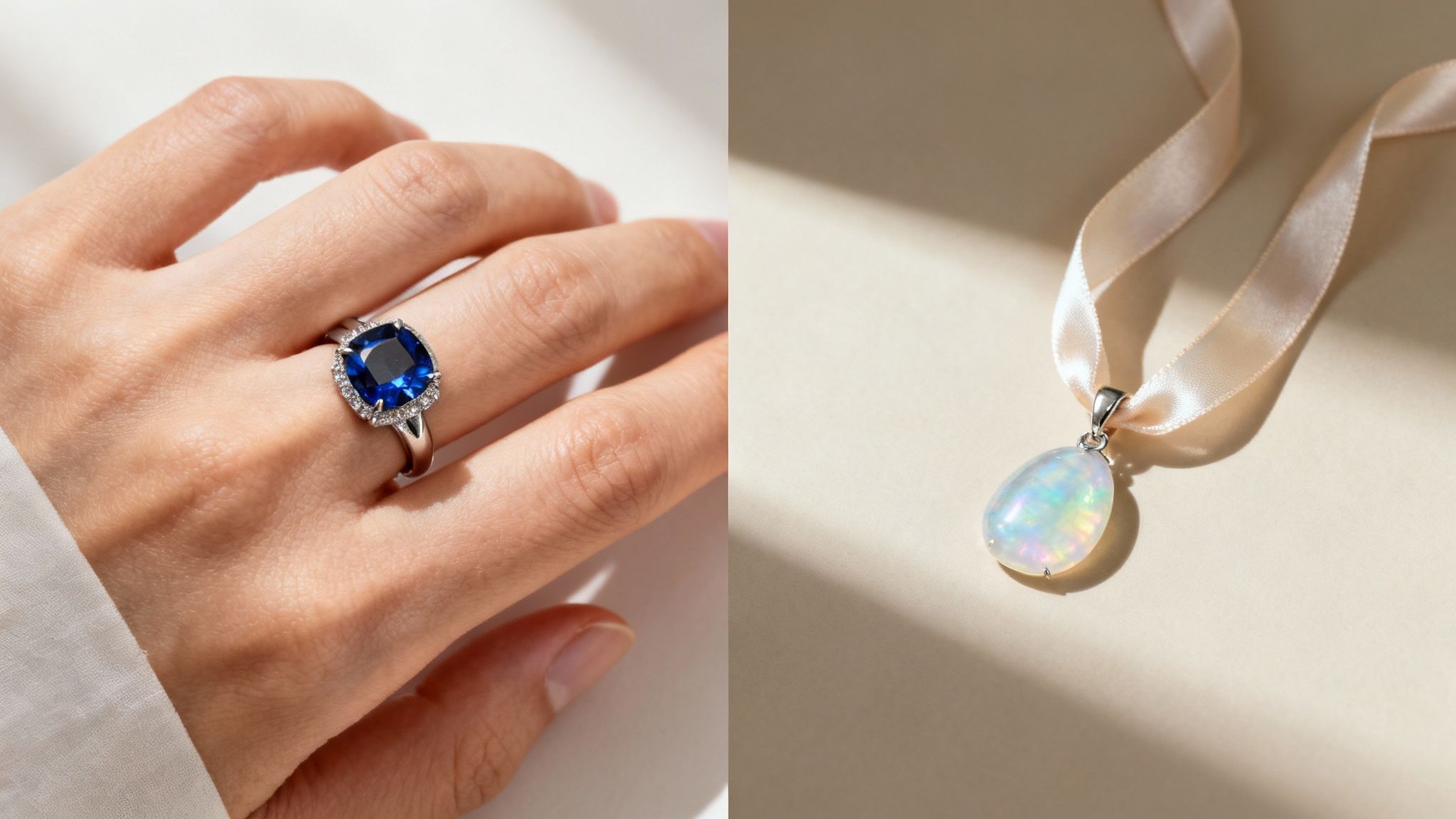 A hand wears a blue sapphire cushion-cut ring, next to an iridescent opal pendant on a ribbon.