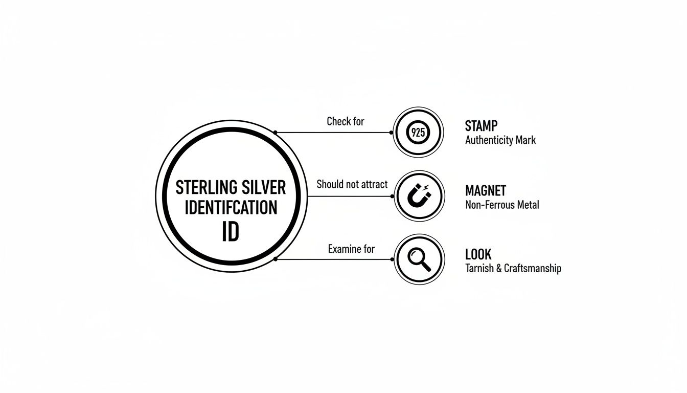 Diagram explaining how to identify sterling silver using a stamp, magnet, and visual inspection.