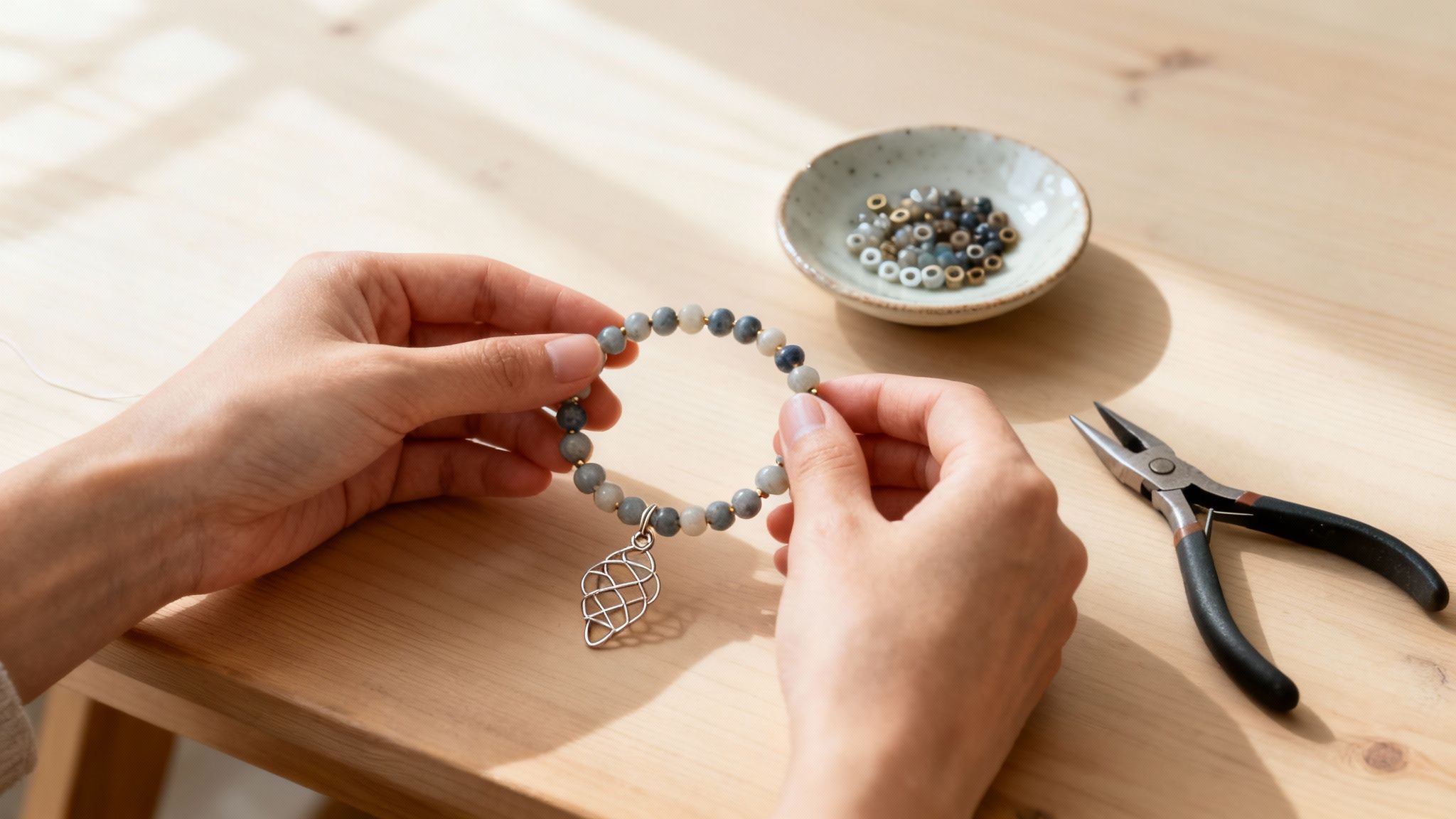 Close-up of hands holding a handmade beaded bracelet with a charm on a wooden table with tools.