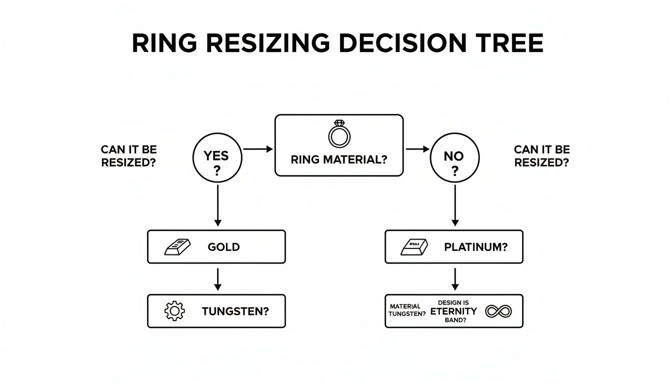 A decision tree flowchart illustrating if a ring can be resized based on its material like gold, platinum, or tungsten.