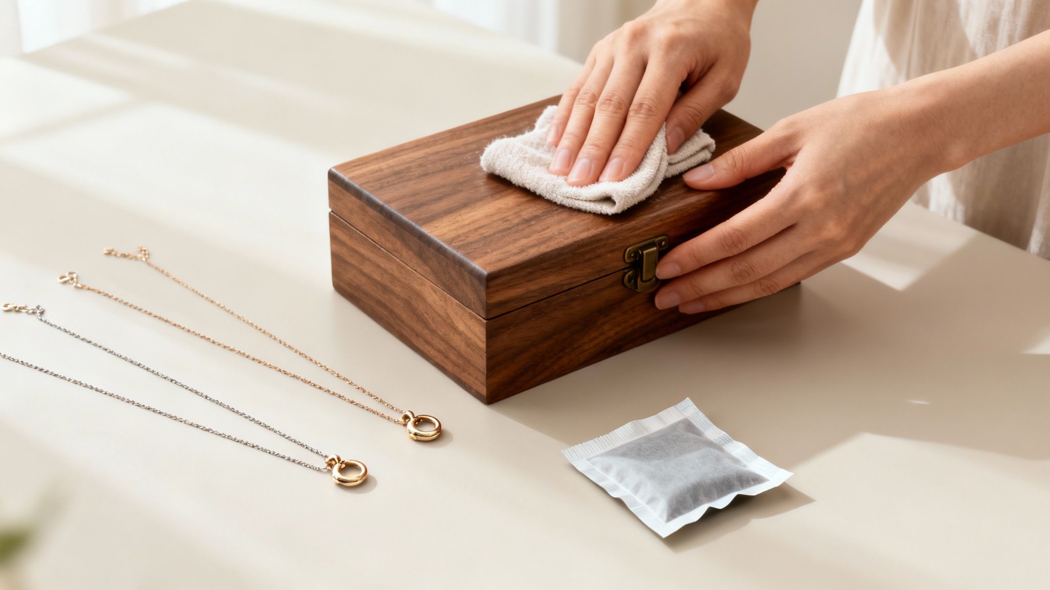 A person cleaning a wooden jewelry box with a cloth, next to several gold and silver necklaces and a desiccant packet.