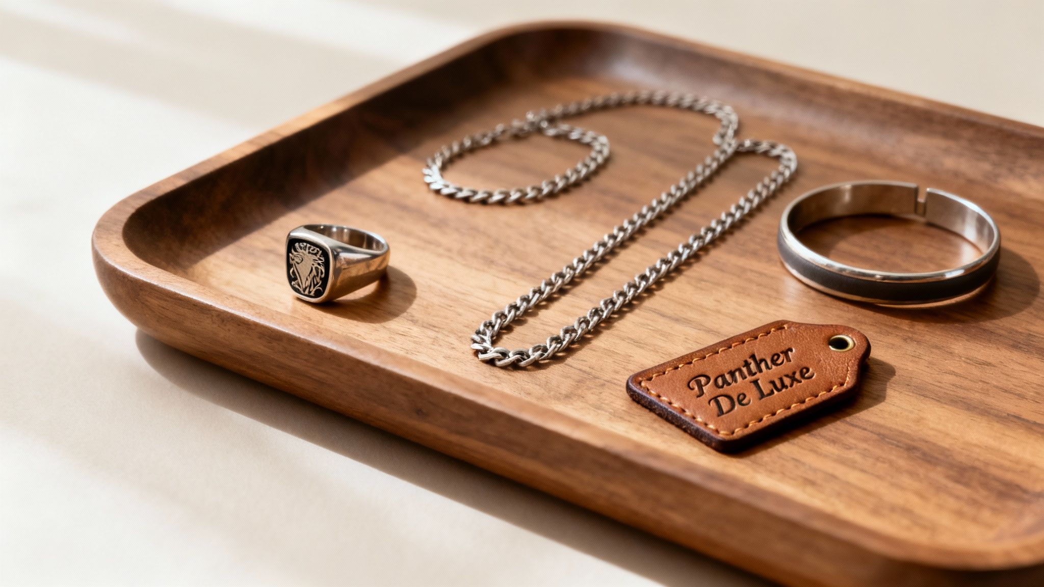 A man wearing a stylish silver bracelet and ring, showcasing modern men's jewelry.