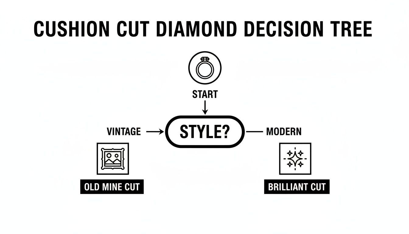 Decision tree diagram for selecting cushion cut diamond style: Vintage (Old Mine Cut) or Modern (Brilliant Cut).