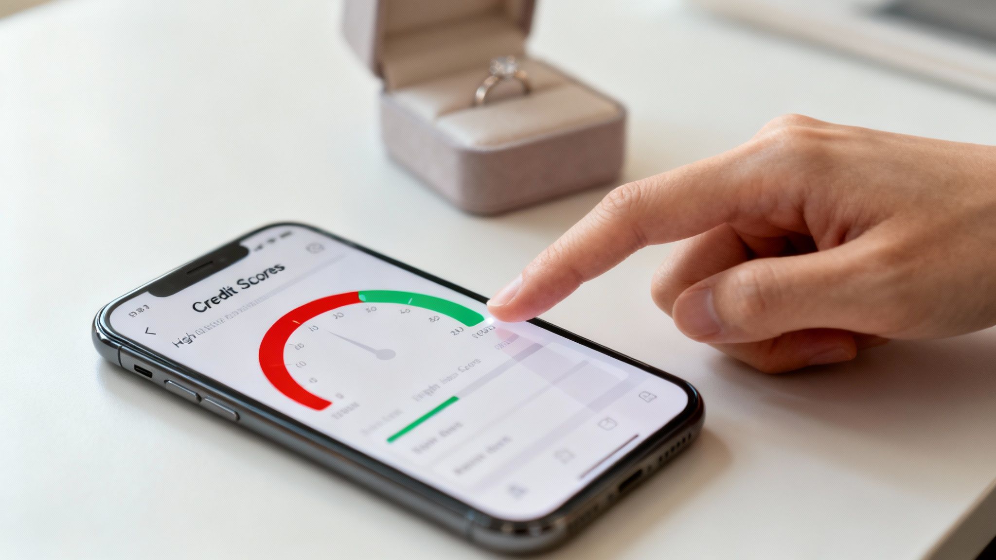 Person checking credit score on smartphone with engagement ring box in background