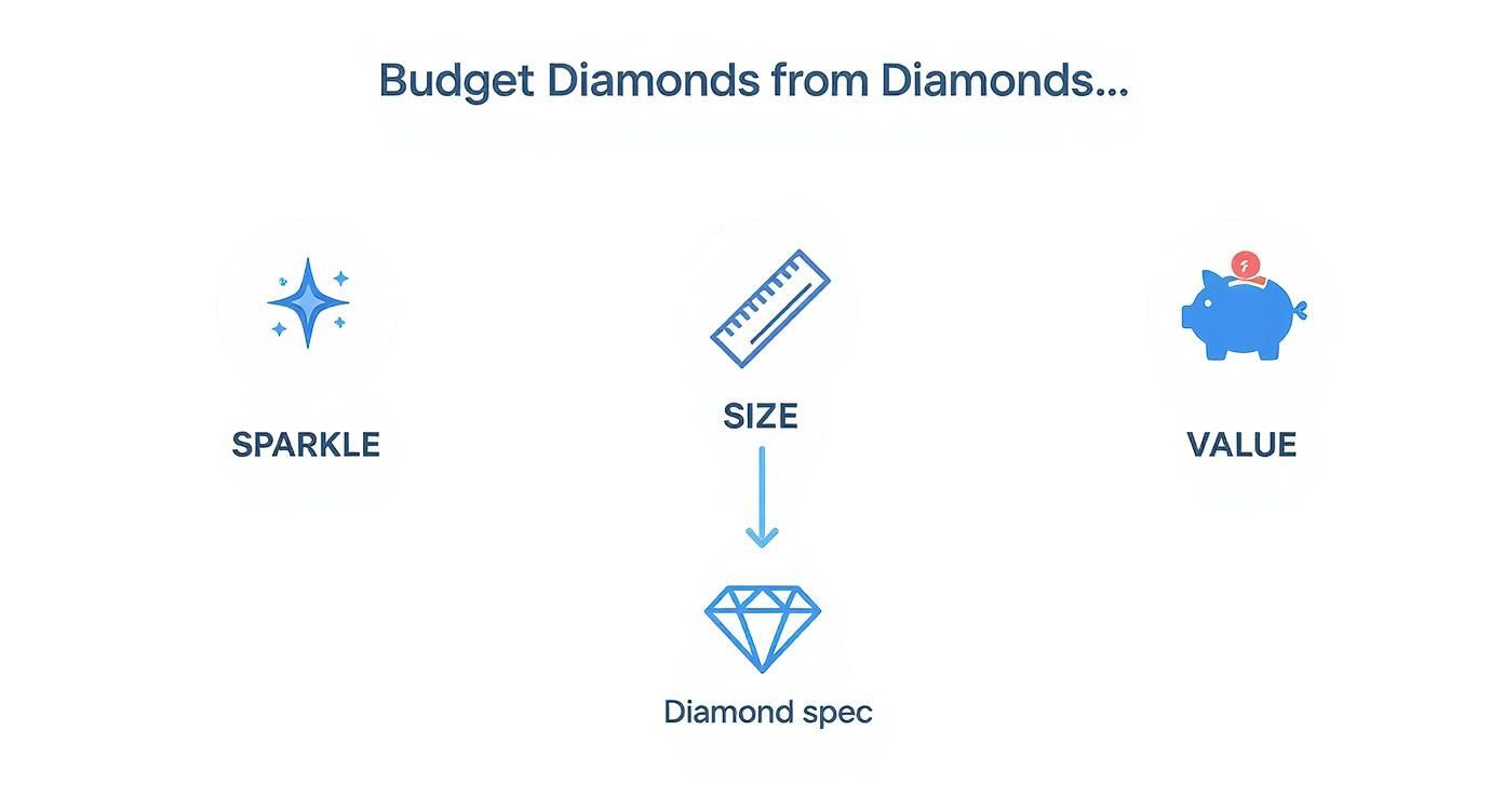 A diagram illustrating factors for budgeting diamonds: sparkle, size, and value, leading to diamond specifications.