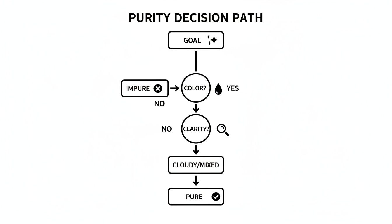 Flowchart illustrating a purity decision path, checking color, clarity, and leading to pure or impure states.
