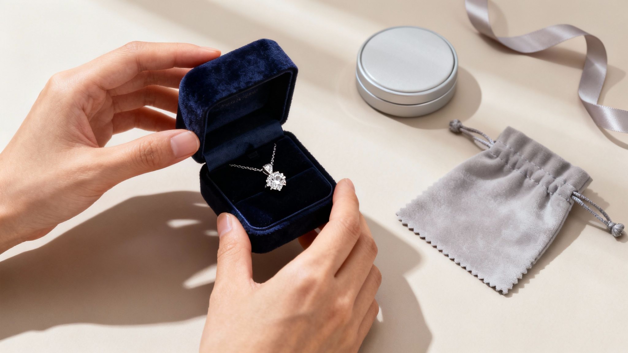 A beautifully wrapped jewelry box next to a polishing cloth.