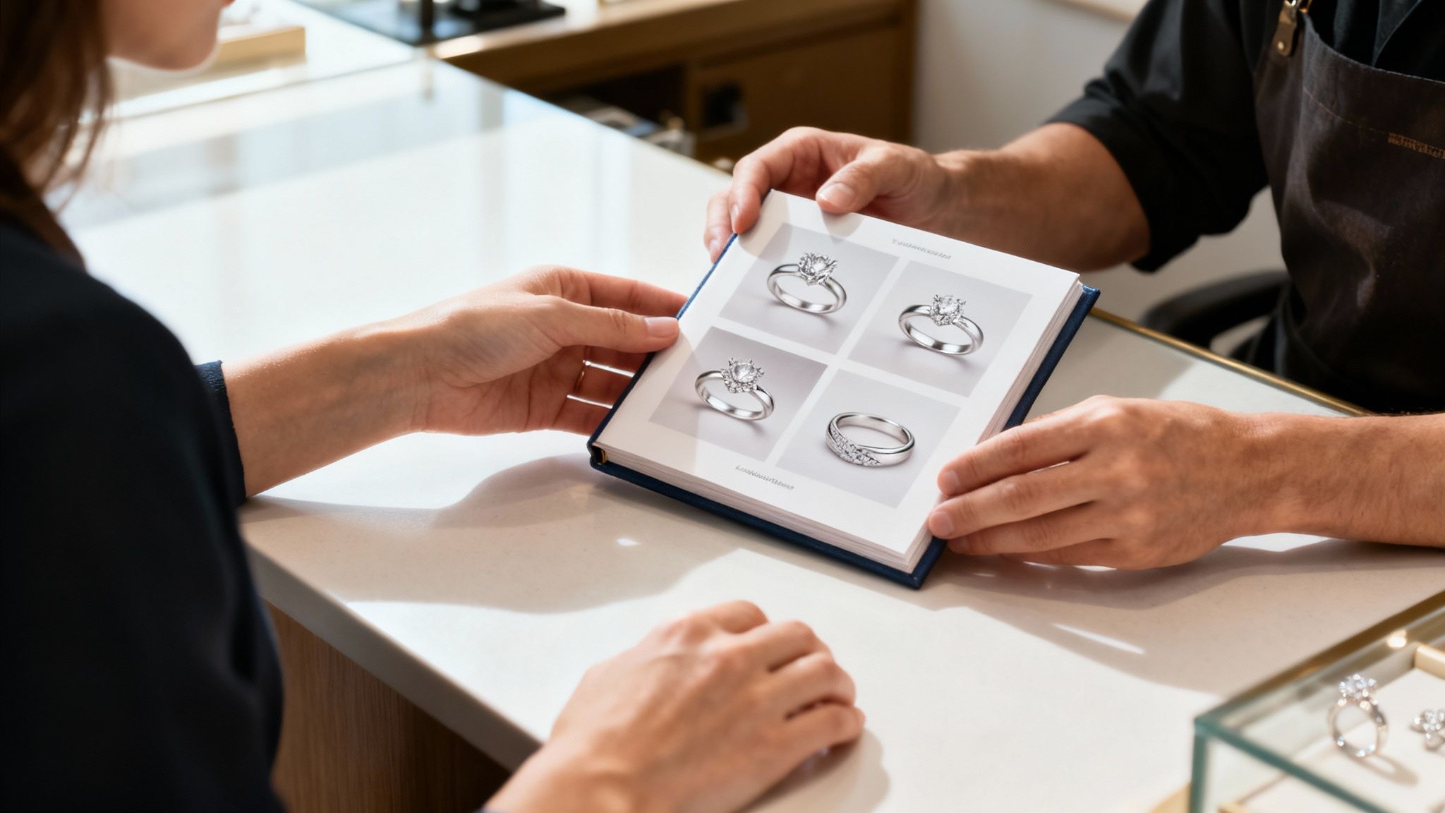 A professional jeweler using tools to work on a sterling silver ring at their workbench.