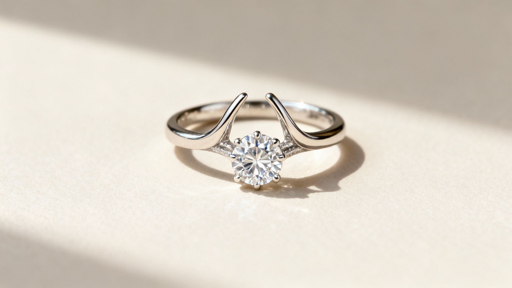 Elegant silver ring featuring a sparkling round diamond in a unique, open split shank setting.