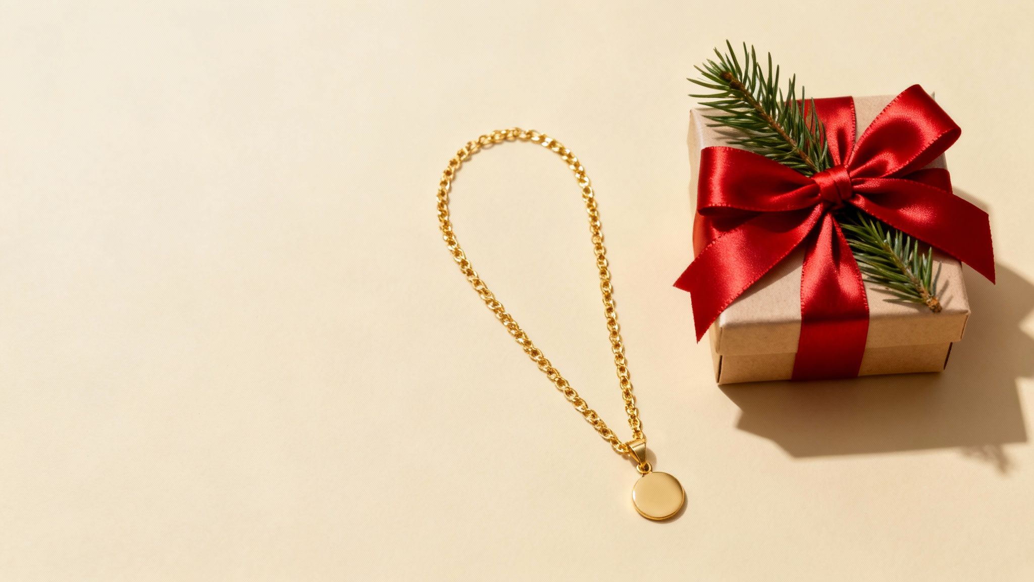 A festive flat lay featuring a gold chain necklace with a round pendant next to a gift box adorned with a red bow and a pine branch on a light background.