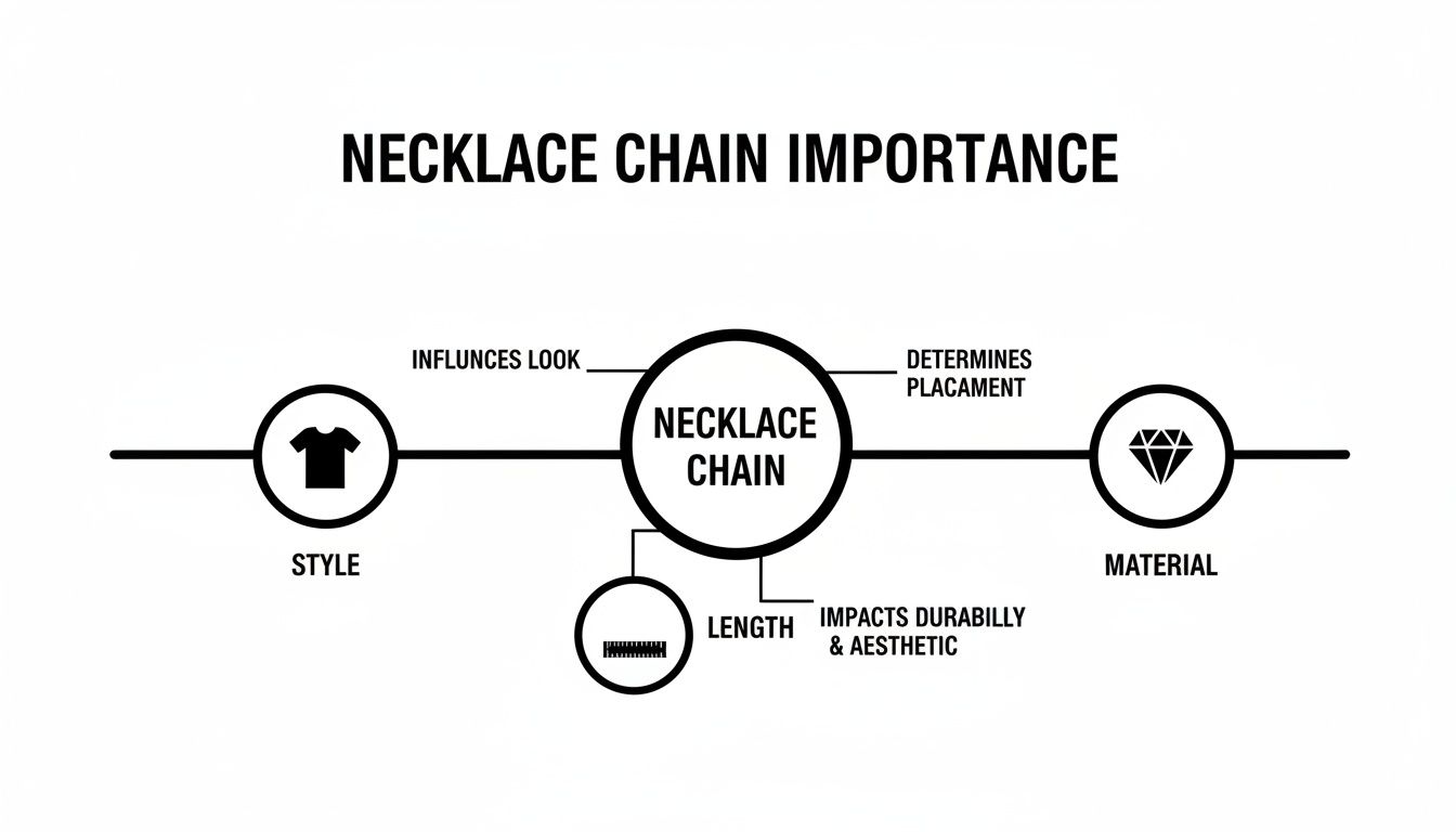 A diagram illustrating the importance of necklace chains, detailing their impact on style, length, and material.