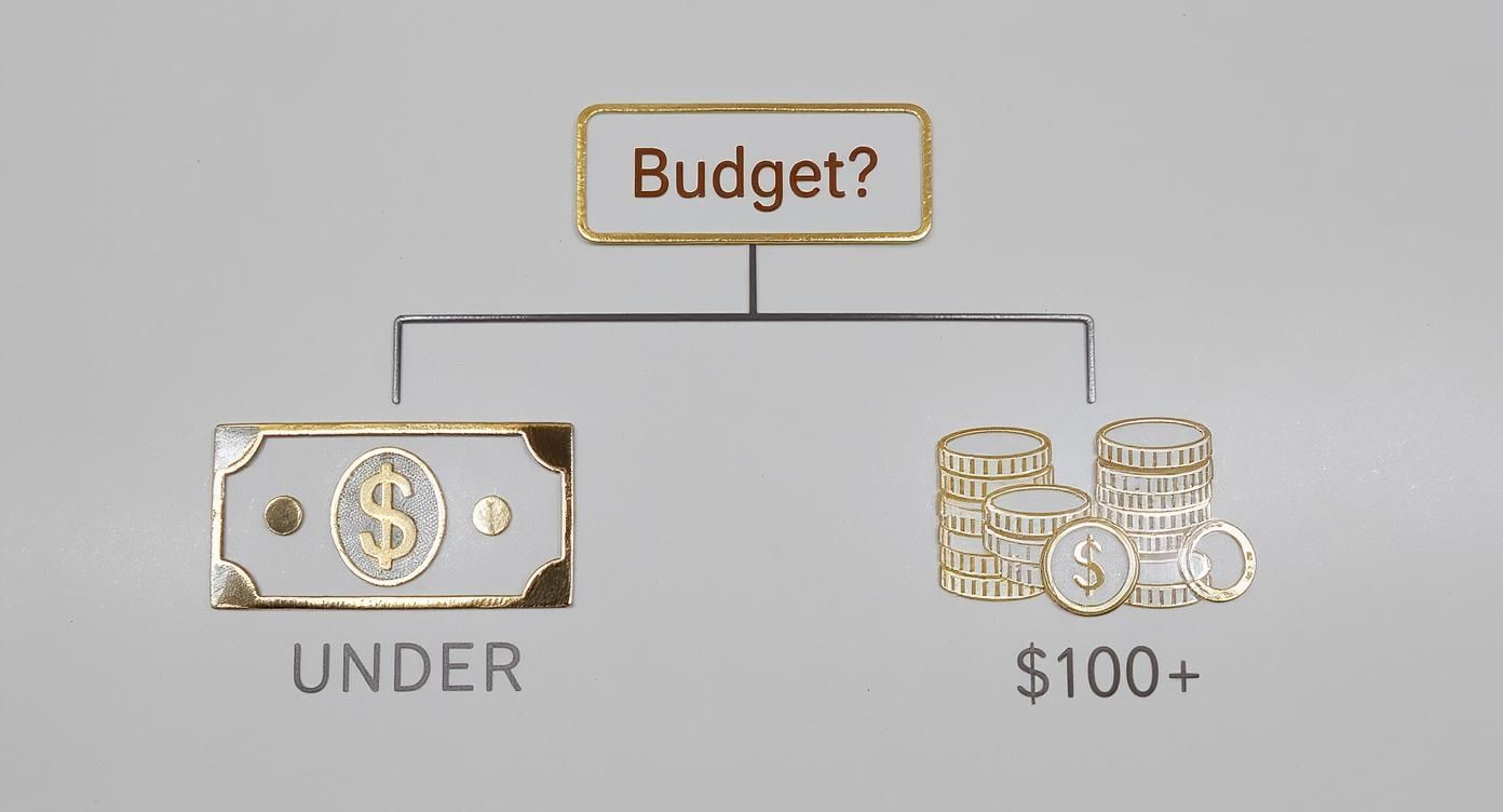 Diagram showing budget options: 'UNDER' a dollar bill and '$100+' with coin stacks.