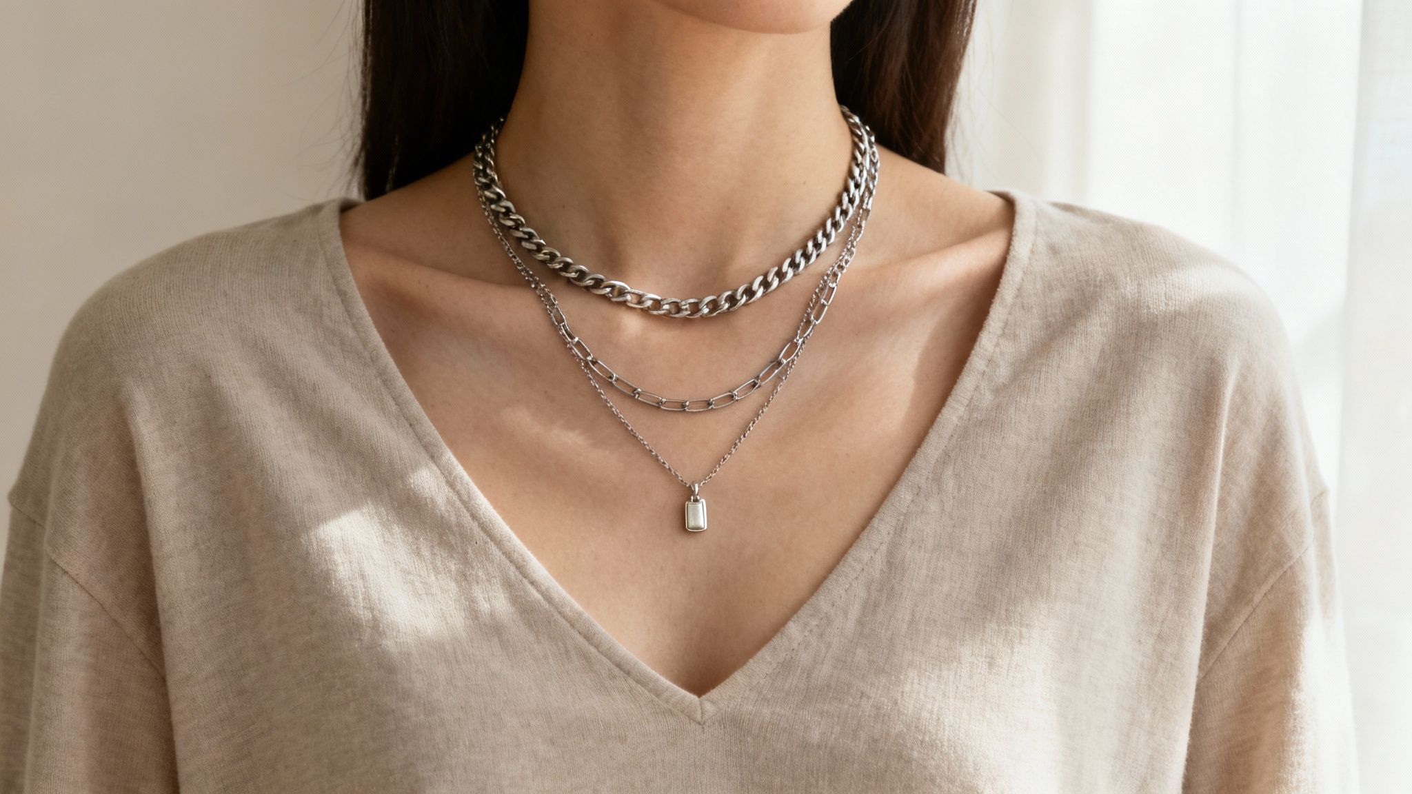 A woman wears a layered silver necklace set with a chunky chain and a small pendant.