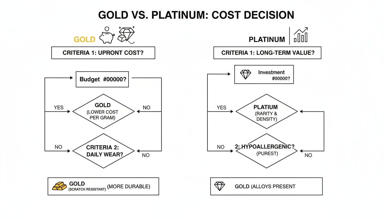 Decision flowchart comparing gold versus platinum, detailing criteria like upfront cost, daily wear, long-term value, and hypoallergenic properties.