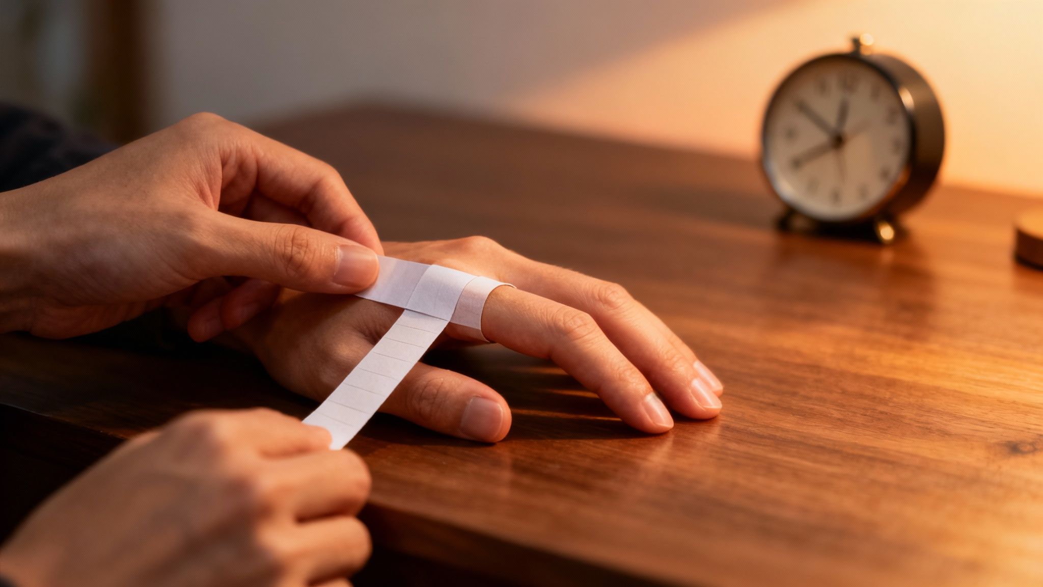 A close-up of a person's hand with fingers slightly spread, ready for measurement.