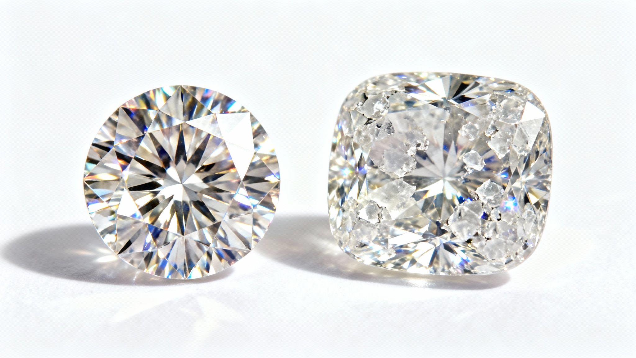 Two hands holding different diamond rings for comparison