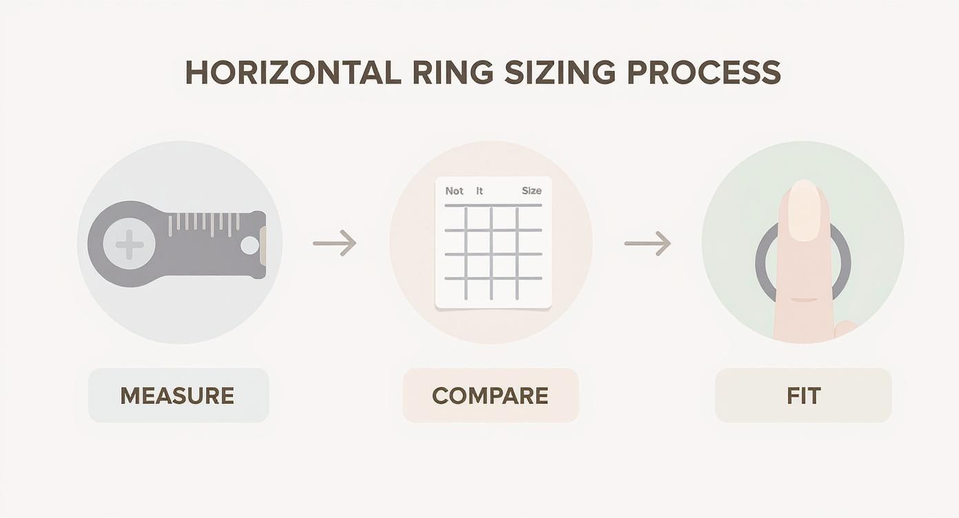 Three-step horizontal ring sizing process showing measure tool, size chart comparison, and proper ring fit
