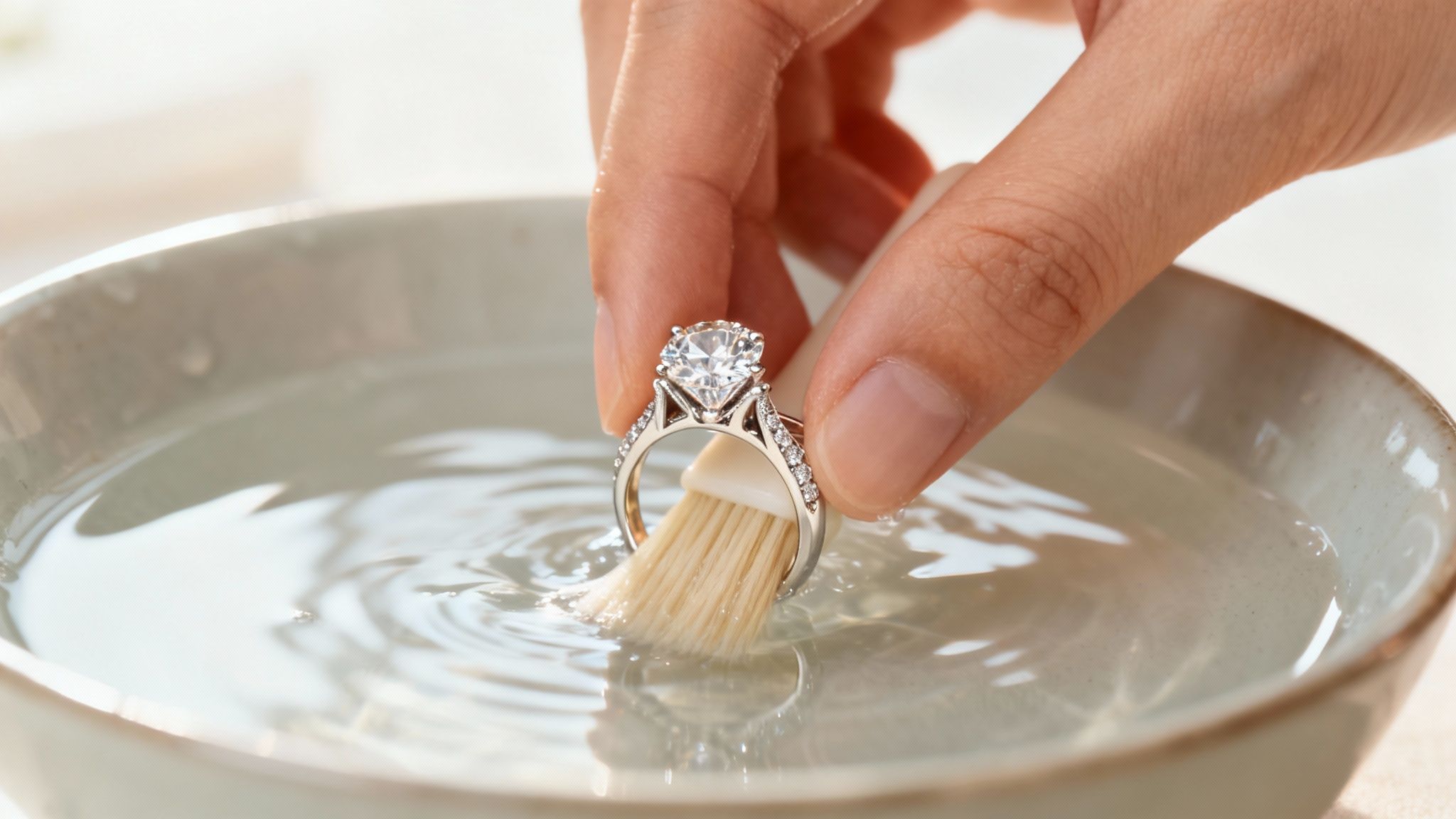Close-up of a hand cleaning a sparkling diamond engagement ring in water with a brush.