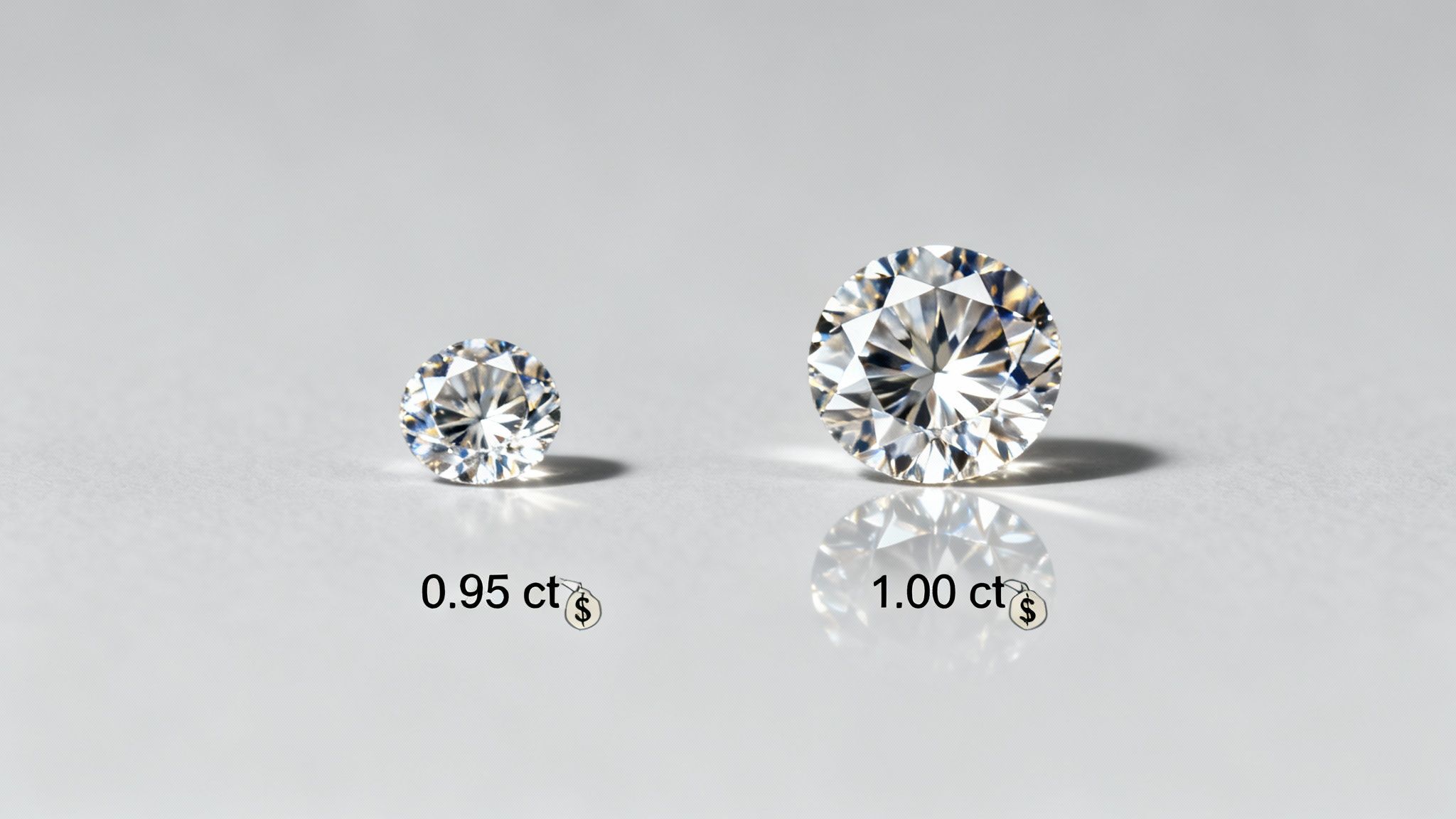 Two sparkling round brilliant diamonds, 0.95 carat and 1.00 carat, on a white surface with reflections.