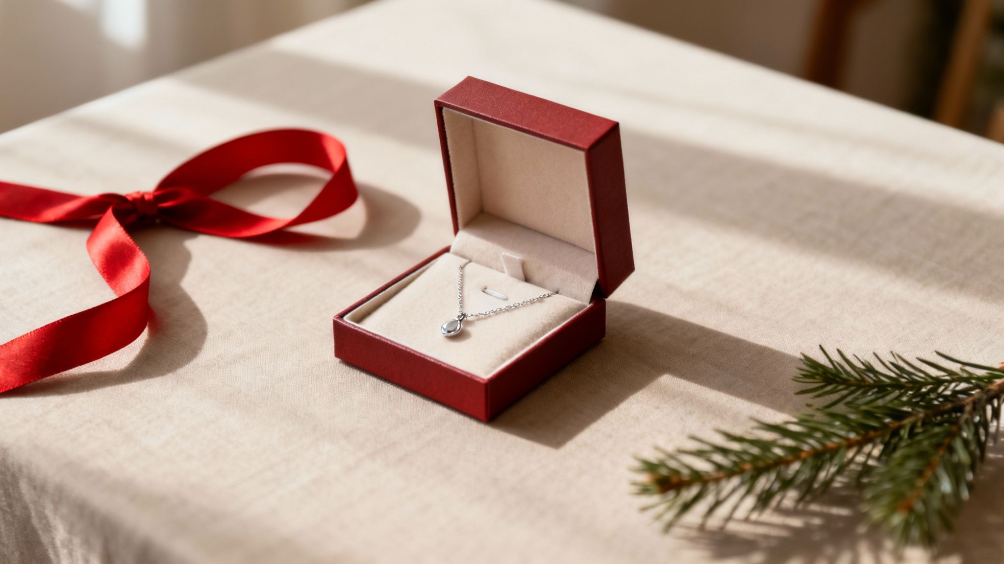 Silver necklace pendant in red jewelry box with festive ribbon and evergreen branch