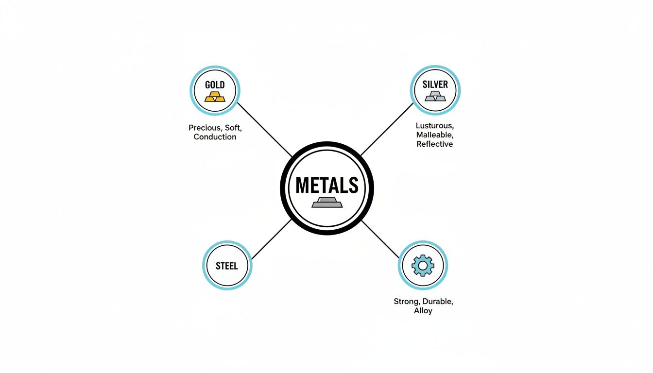 A mind map illustrating metals, including Gold, Silver, Steel, and their key characteristics.