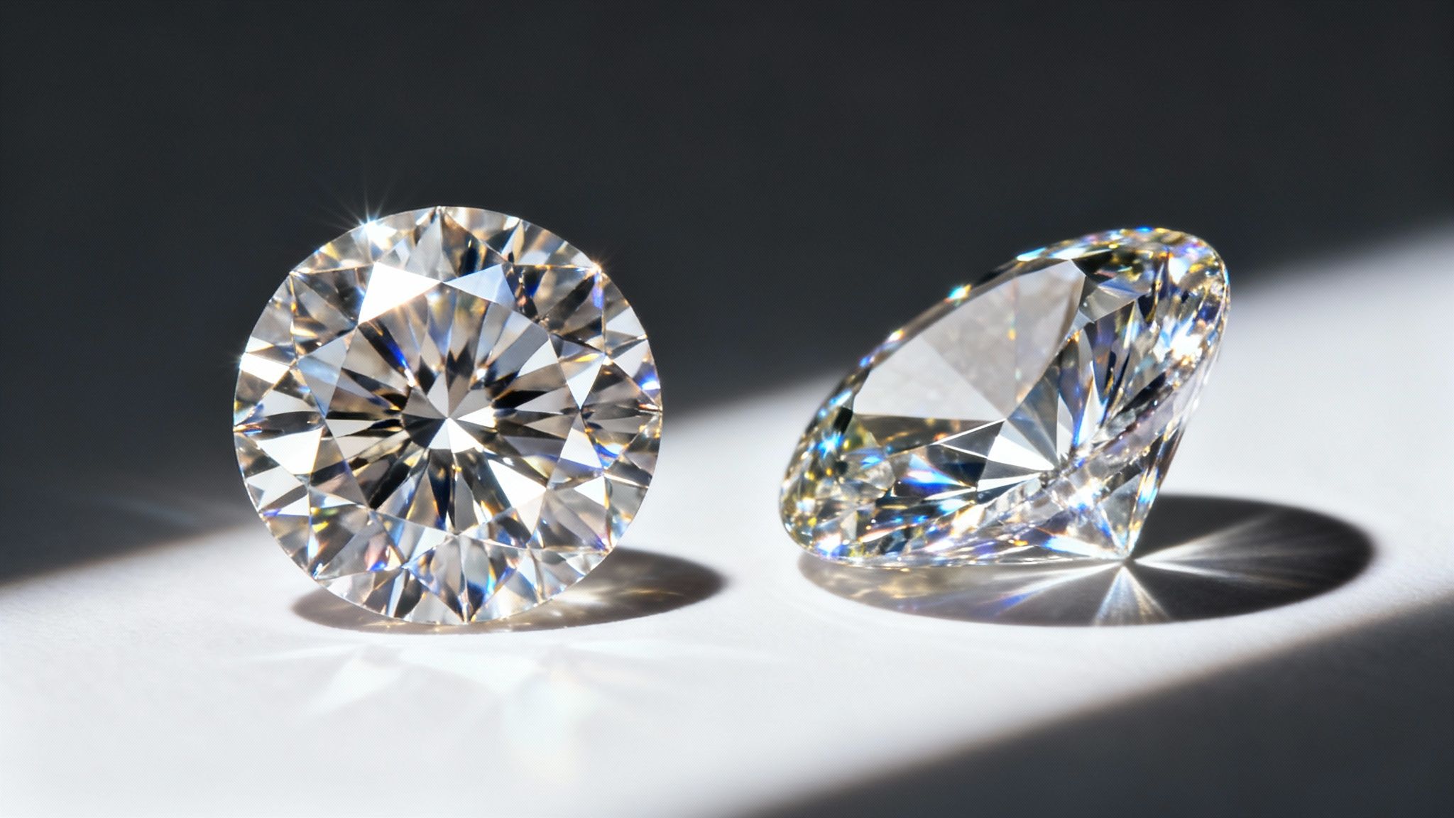 A close-up image showing the intricate facets and sparkling light reflection of an oval and a round diamond side-by-side.