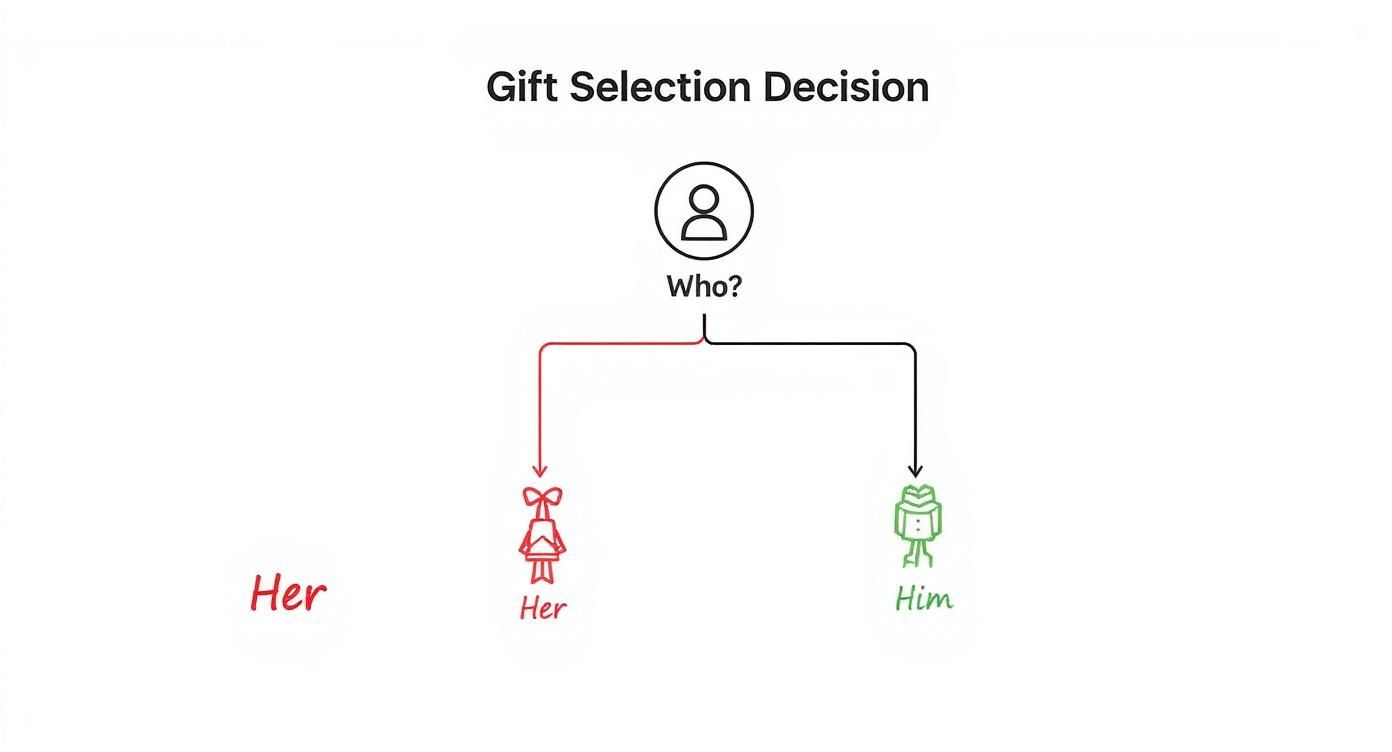 A flowchart illustrates a gift selection decision process, branching to 'Her' or 'Him' based on recipient.