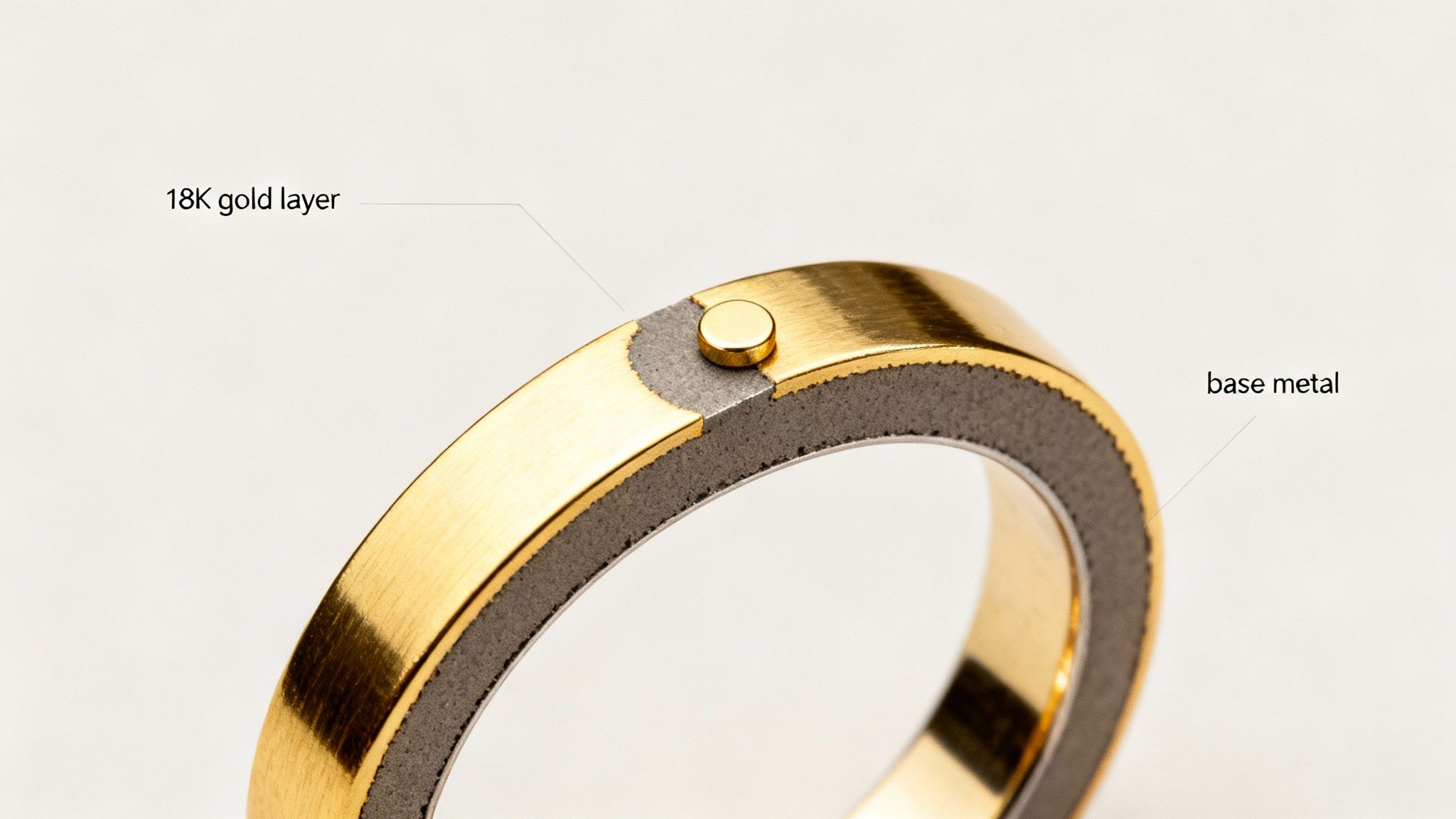 Close-up of a ring's cross-section showing an 18K gold layer over a dark base metal, with a small gold stud.
