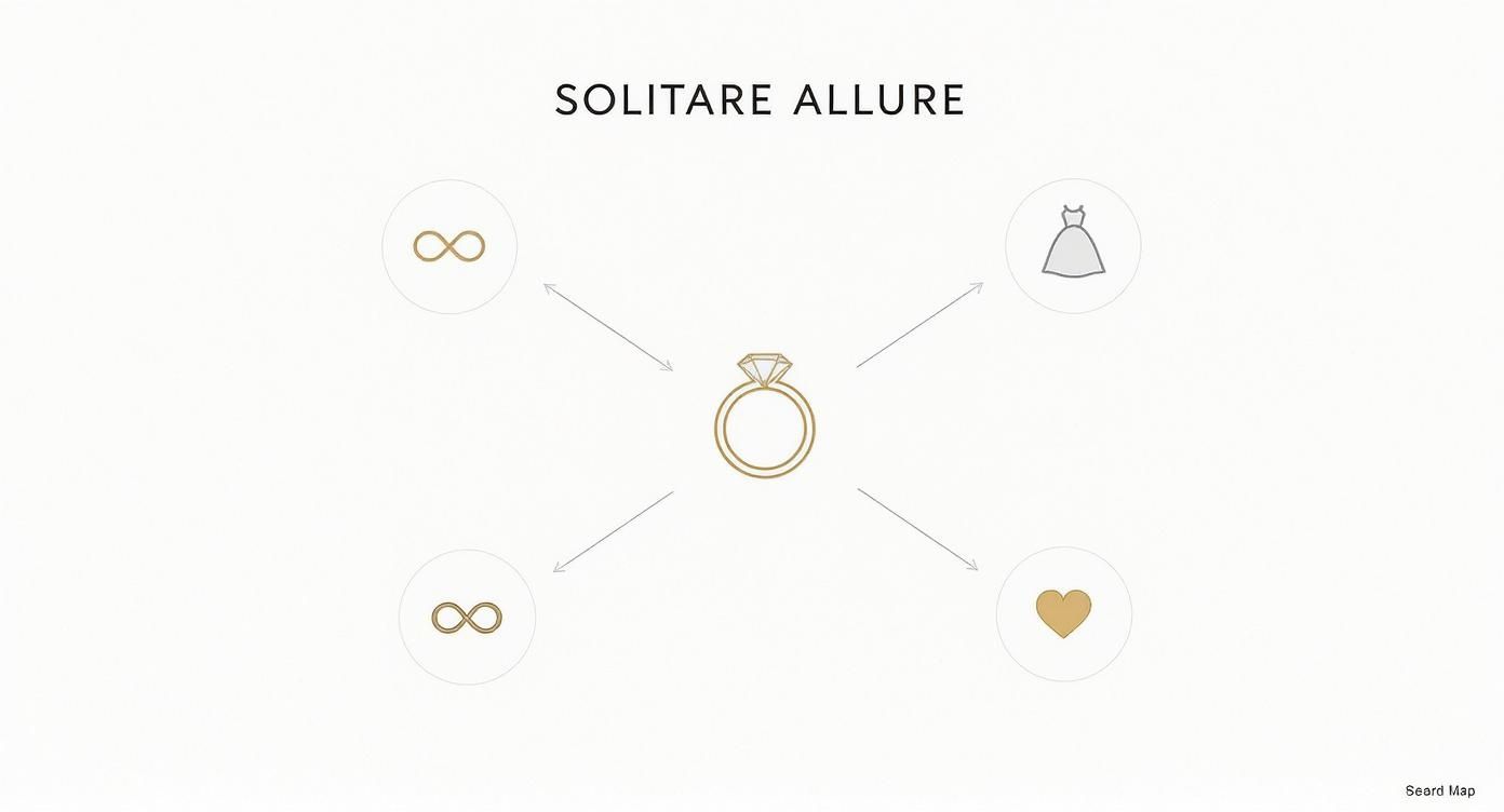 A diagram titled 'Solitare Allure' featuring a solitaire ring connected to symbols of infinity, wedding dress, and heart.