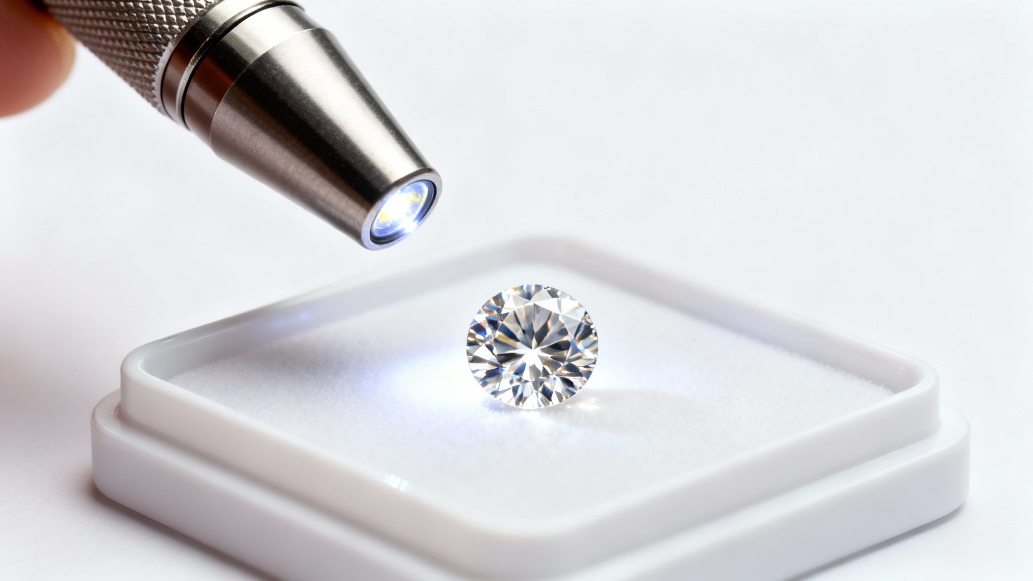 A hand holding a flashlight illuminates a brilliant round diamond in a white display box.