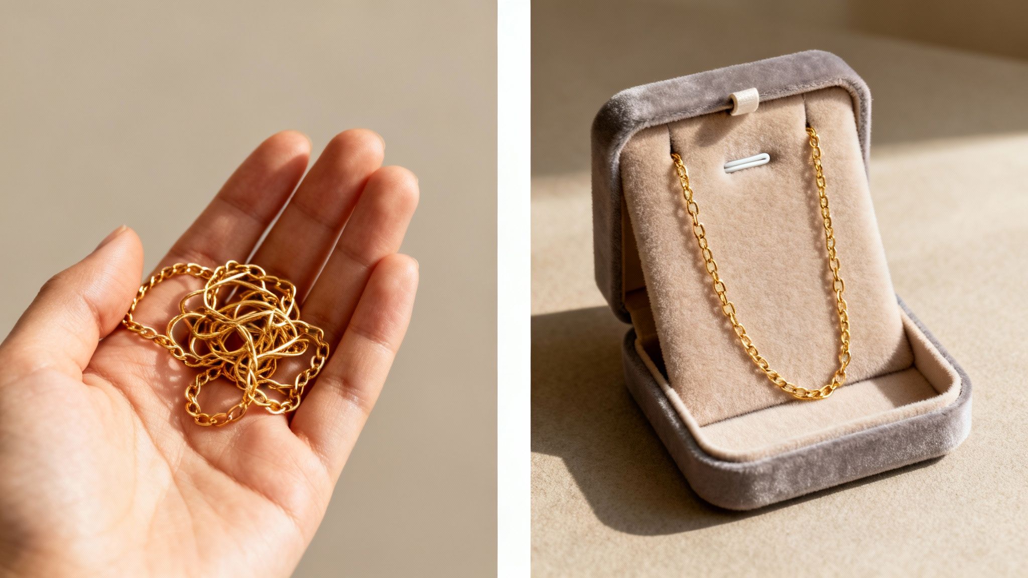 A person's hand holds a tangled gold chain next to a neat gold necklace in a velvet box.