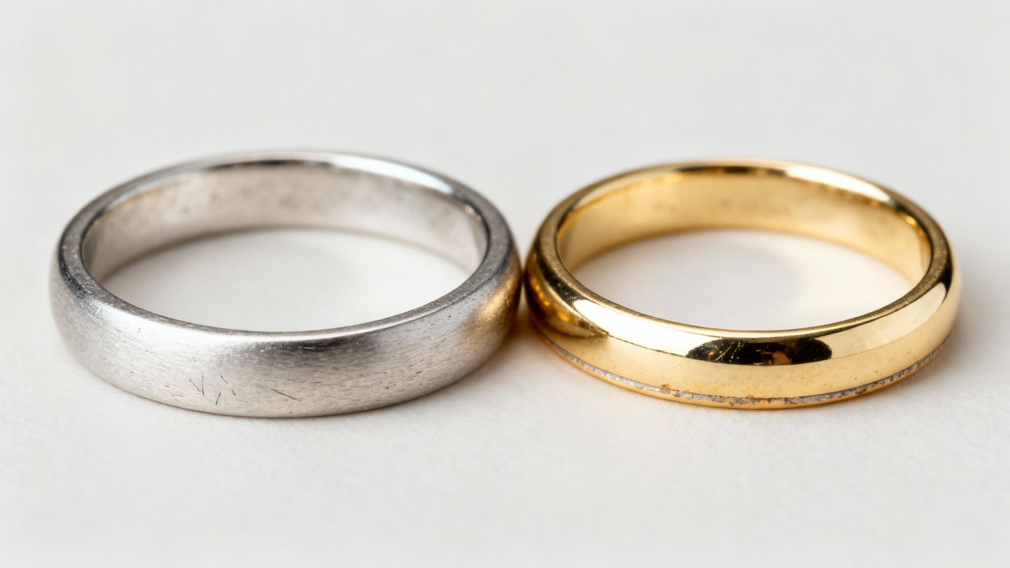 Close-up of two wedding bands, one brushed silver and one polished gold, on a white surface.
