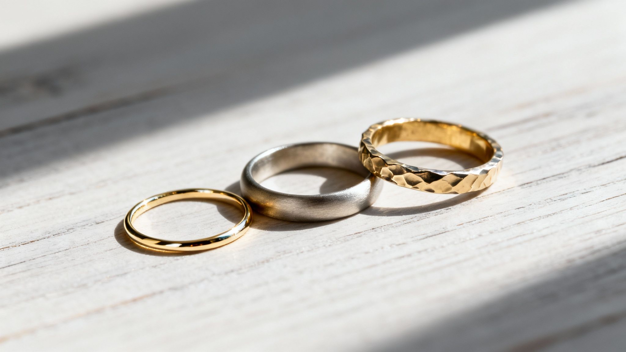 An engagement ring with a unique band width and finish.