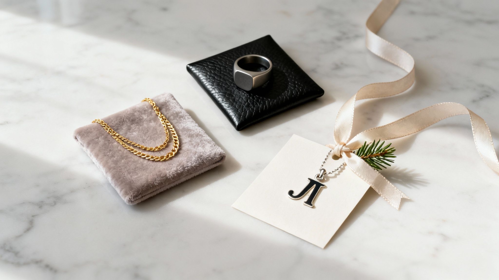 A selection of jewelry gifts including a necklace for her, a ring for him, and a bracelet for a teenager, arranged with festive Christmas decorations.