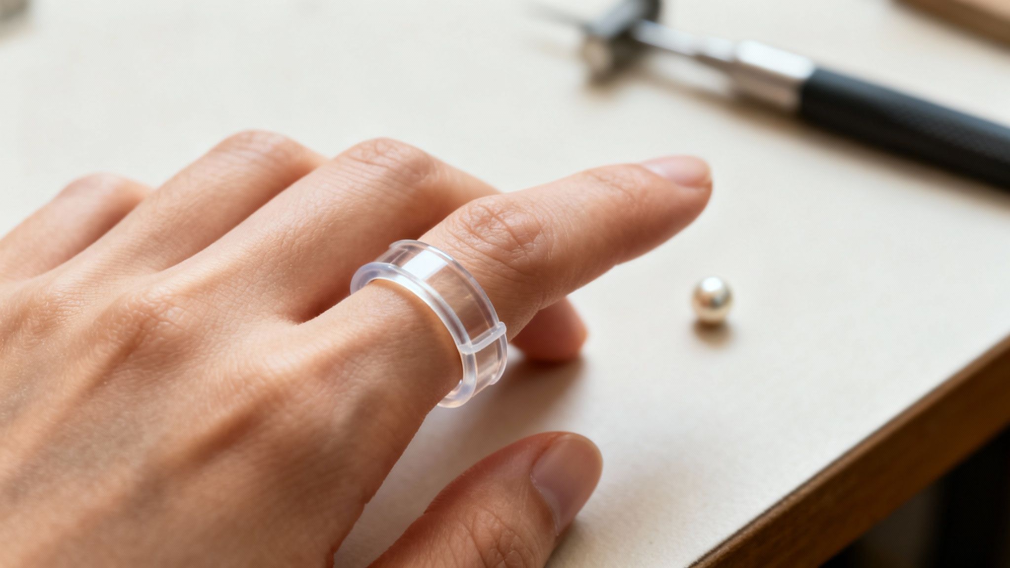 A hand wears a clear plastic ring sizer on a finger, with a pearl and tool nearby.