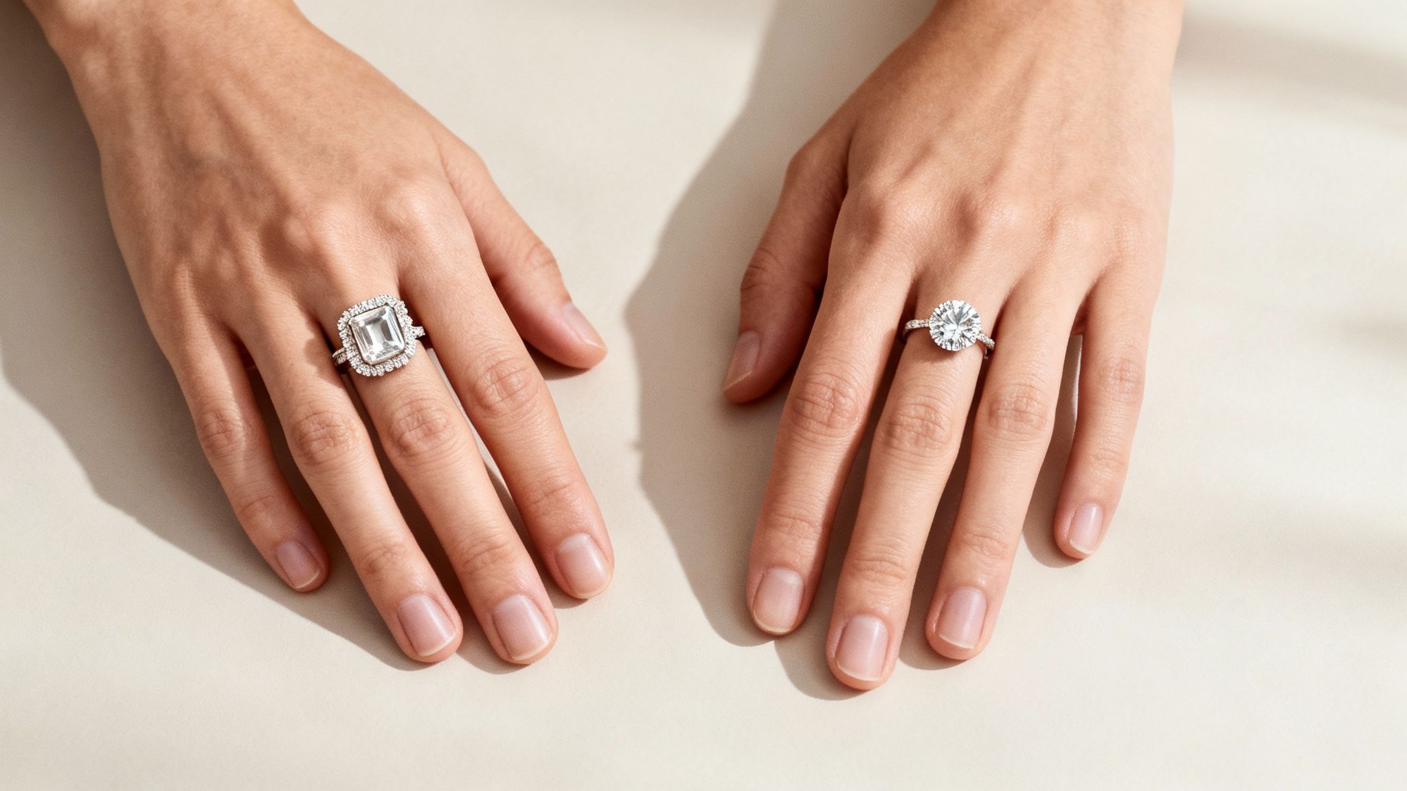 Two engagement rings, one with a round cut and one with a cushion cut, are held up against a natural background.