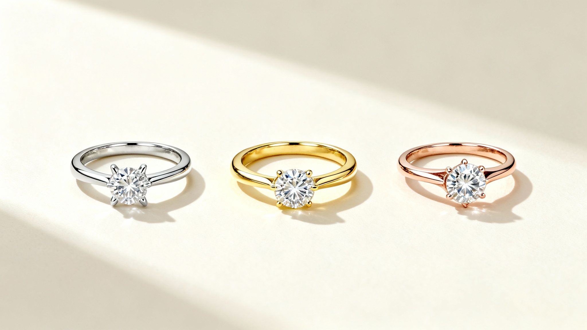 Three elegant solitaire engagement rings featuring brilliant diamonds in white, yellow, and rose gold settings.