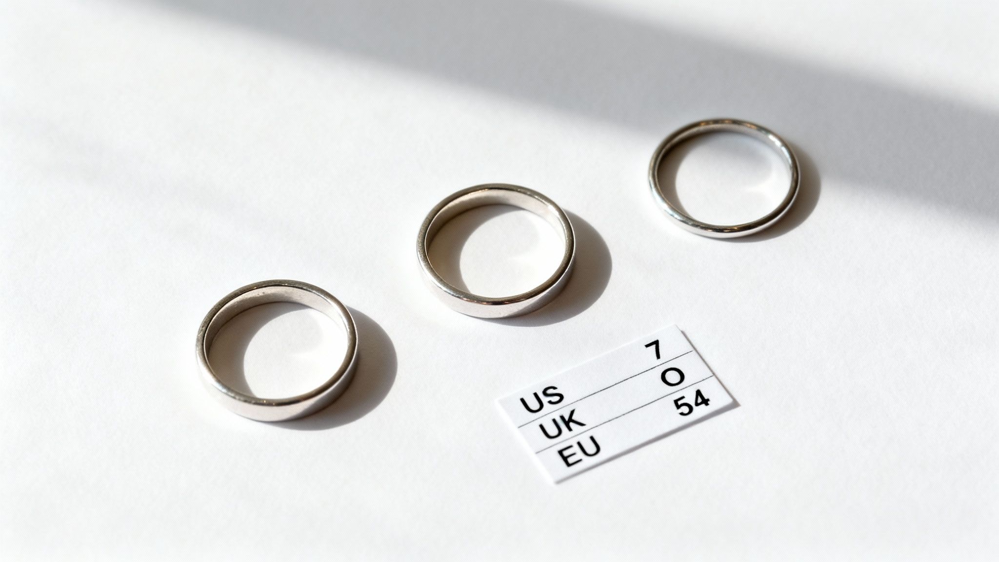 Silver rings displayed with a white card indicating US, UK, and EU ring sizes.