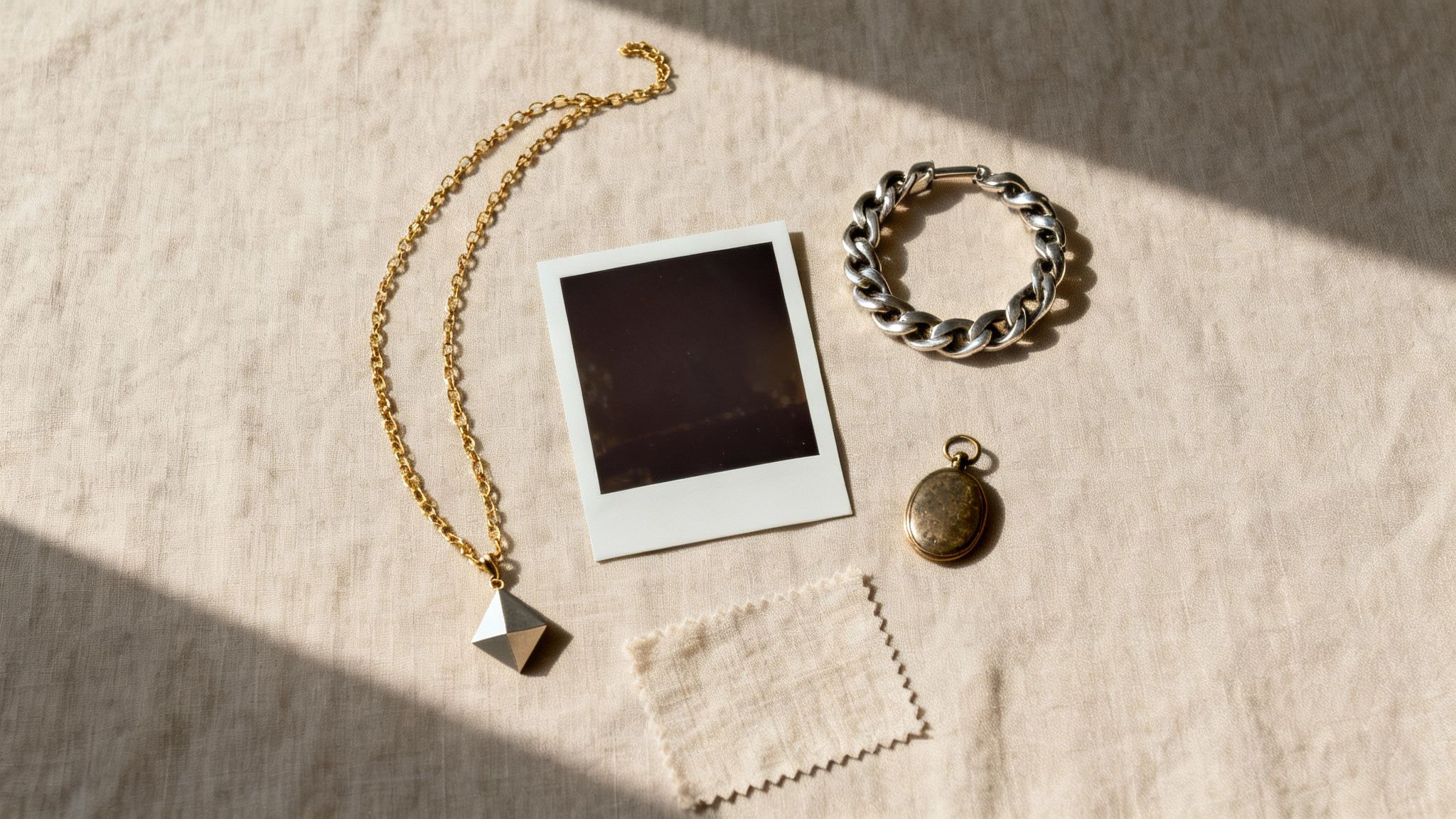 A flat lay of a gold necklace, silver bracelet, instant photo, and locket on beige fabric.
