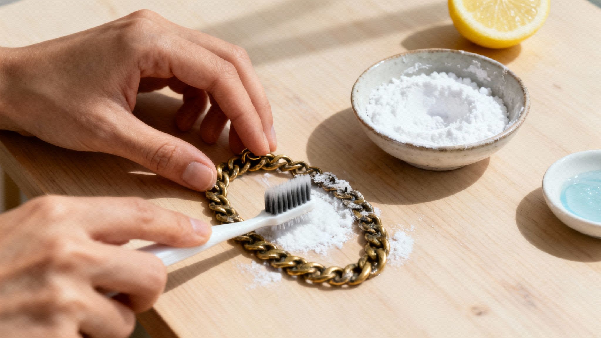 Person cleaning a tarnished gold-colored chain bracelet with a toothbrush and white powder.