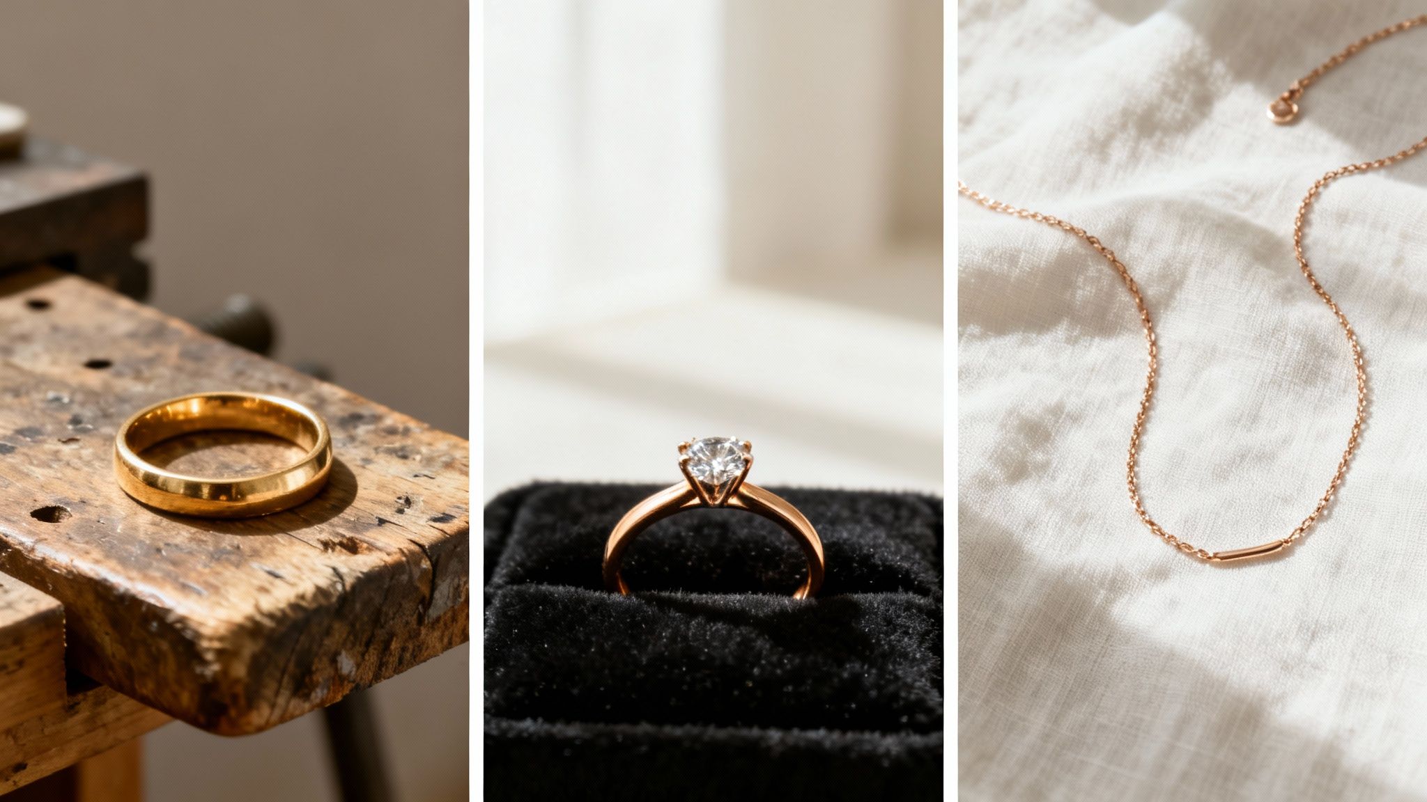 A plain gold band, a diamond engagement ring, and a rose gold necklace showcase different jewelry.