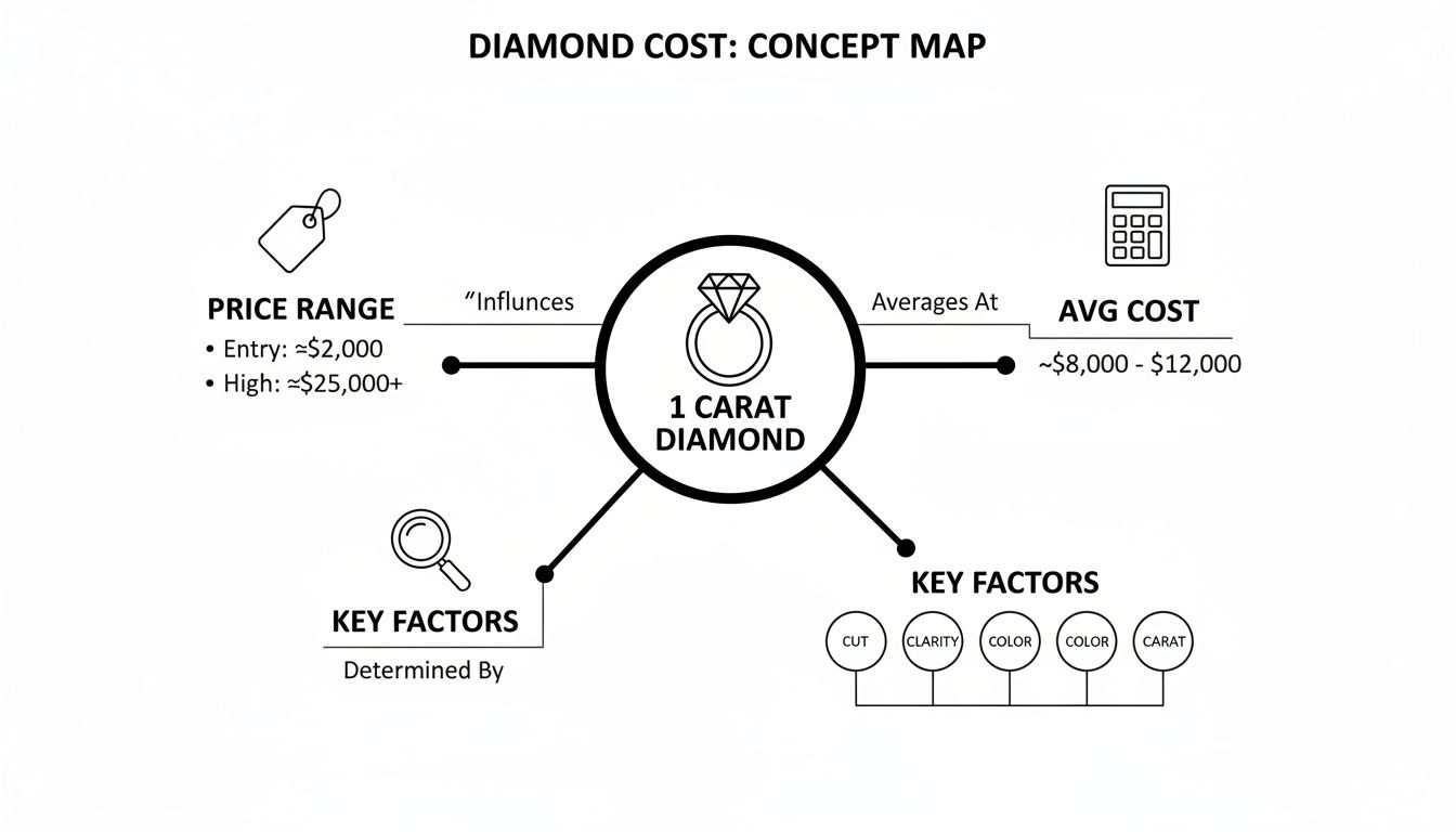 Concept map detailing the price range, average cost, and key factors of a 1 carat diamond.