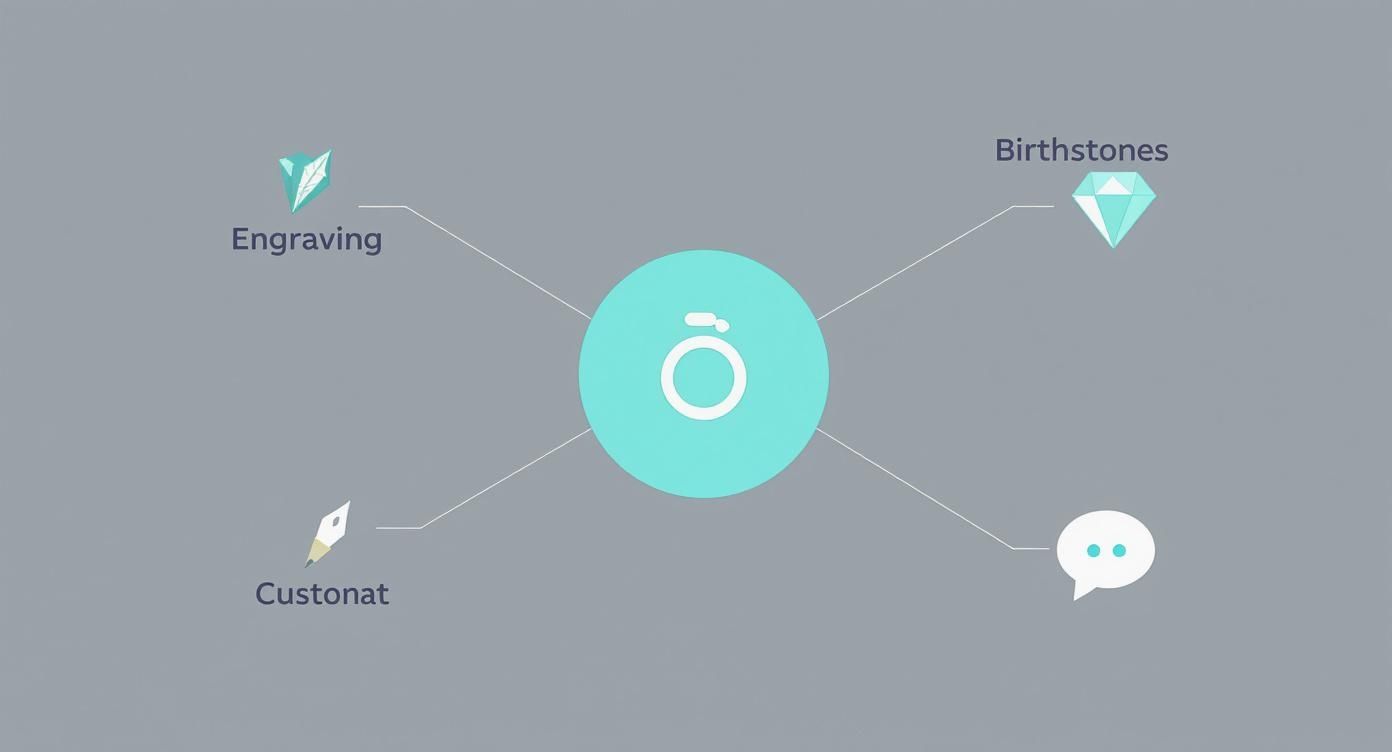 An infographic of a ring icon in the center, linked to options like Engraving, Birthstones, and Customization.