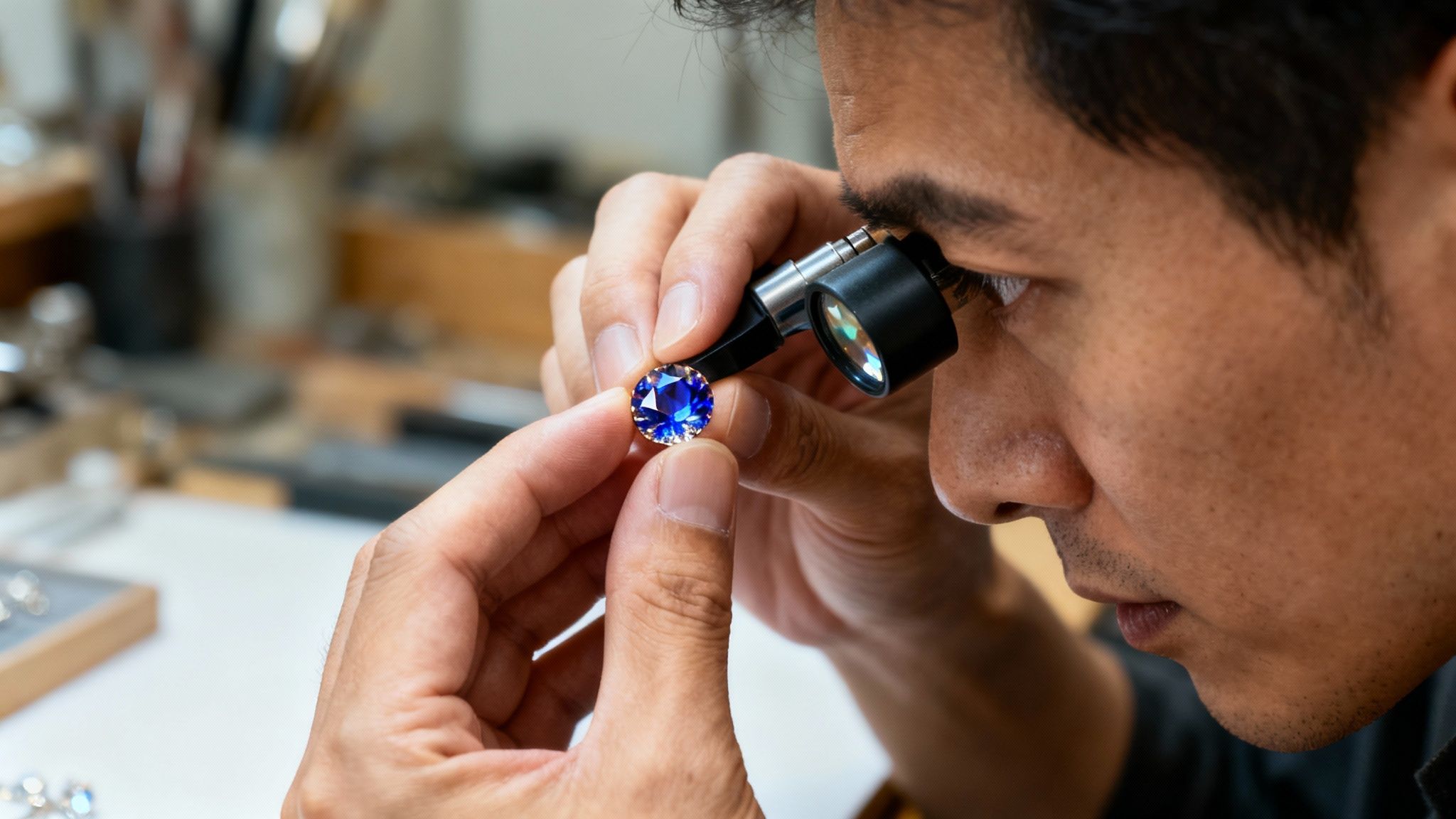 A professional jeweler carefully inspects a brilliant blue sapphire gemstone using a magnifying loupe.