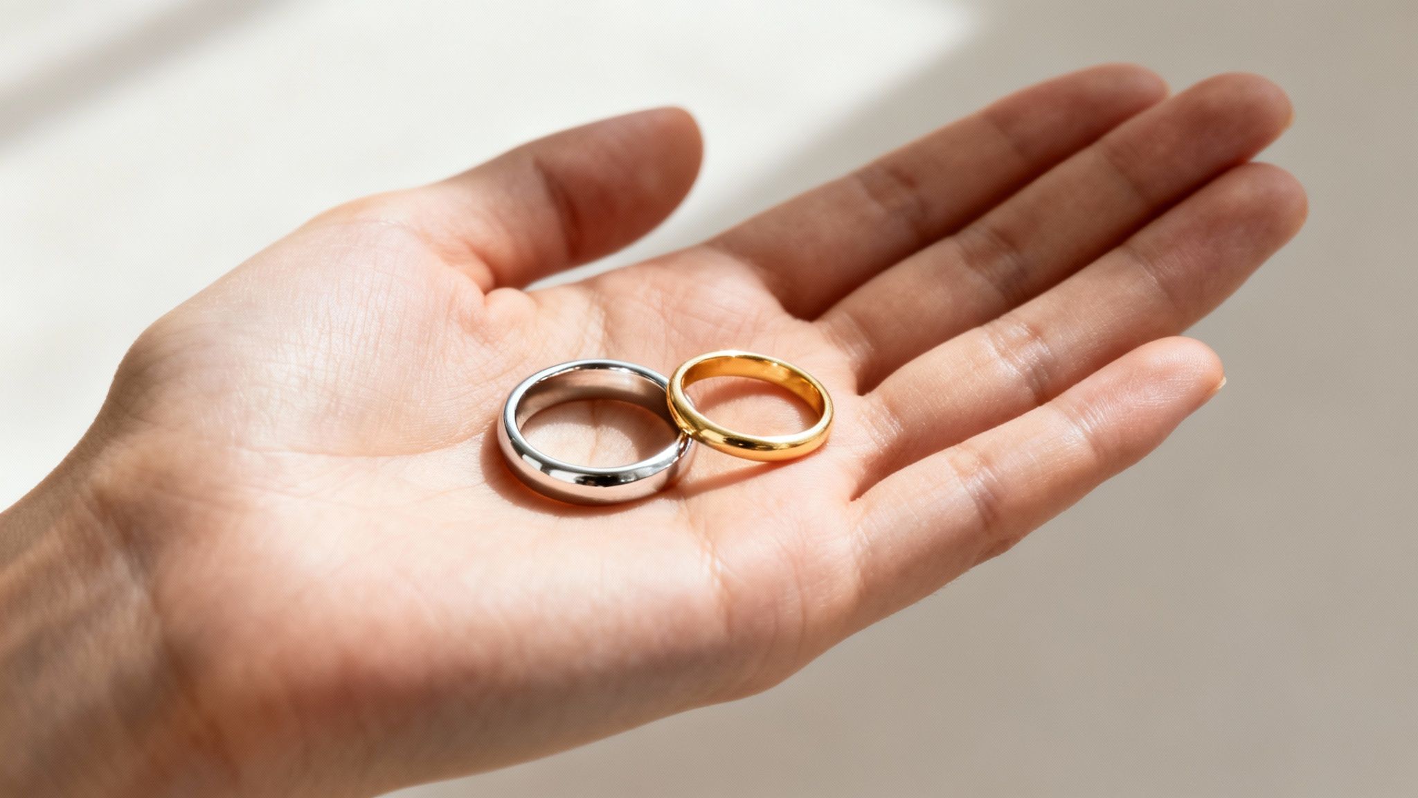 A person's palm holding two minimalist wedding bands, one gold and one silver.