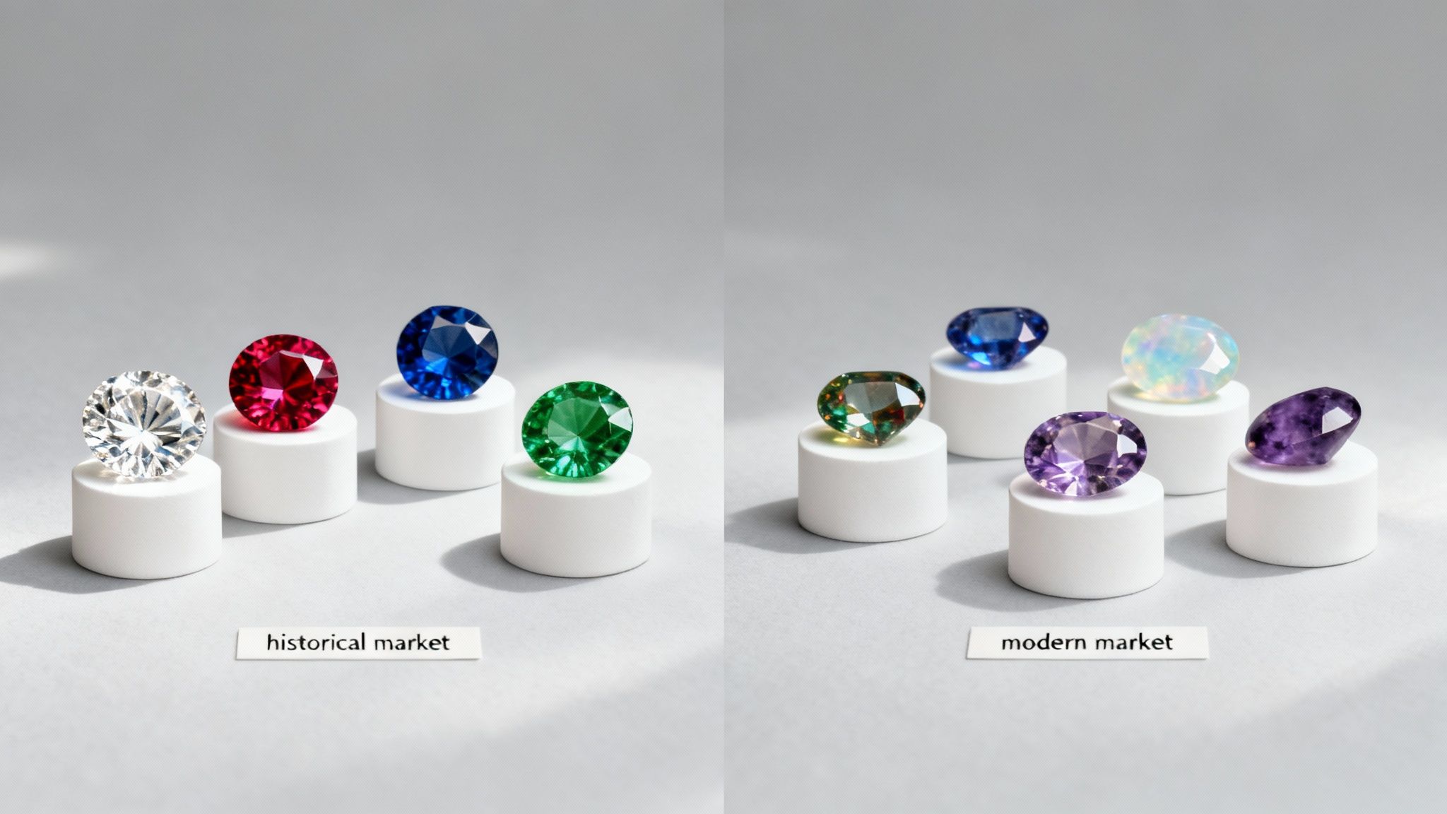 Comparison of two groups of diverse gemstones on pedestals, representing historical and modern markets.
